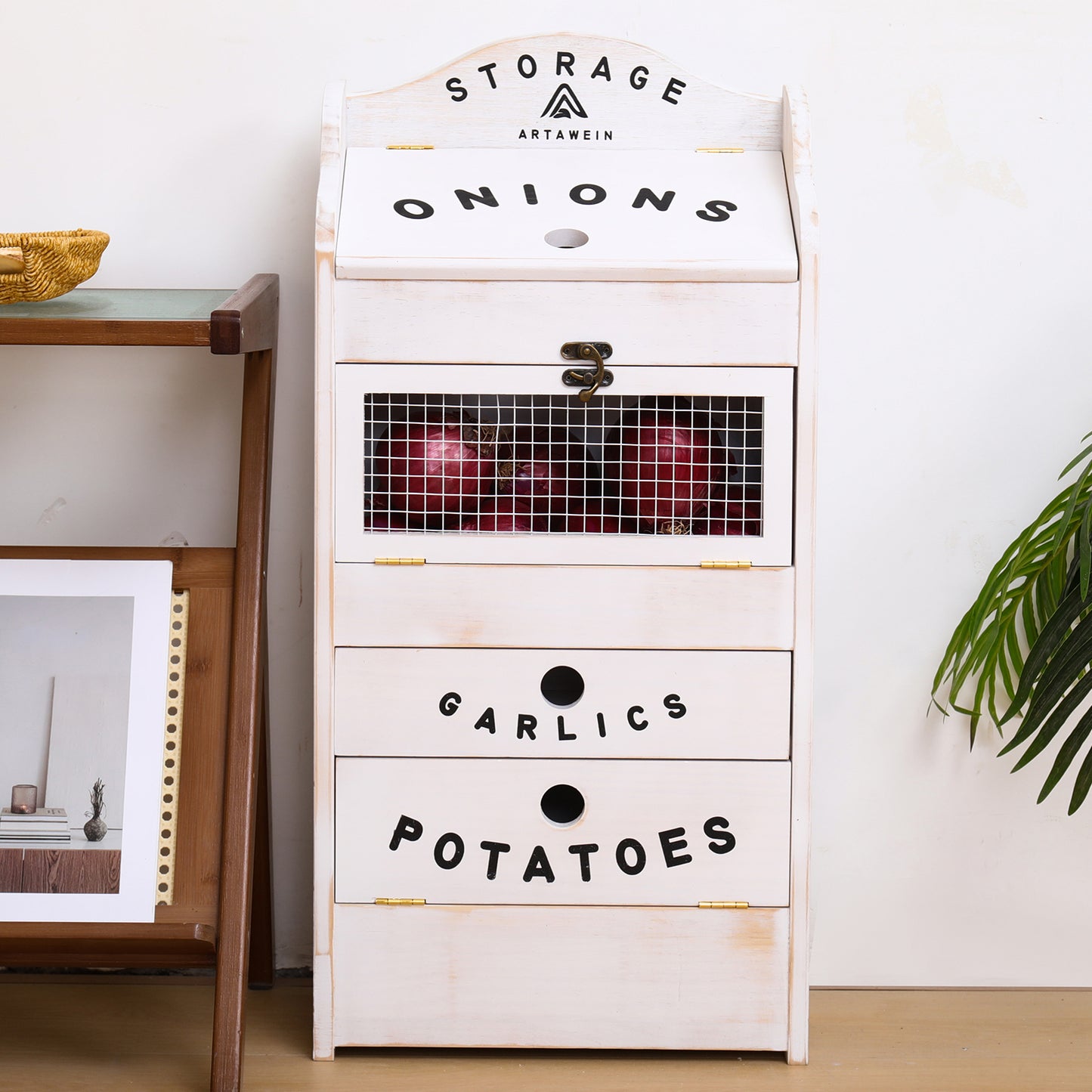 Pine Wood Veggie Bin for Potato, Onion and 1 Garlic Drawer Vegetable Box for Kitchen Storage, Solid Wood Vegetable Bin 13.77" L X 7.1" W X 29.3" H