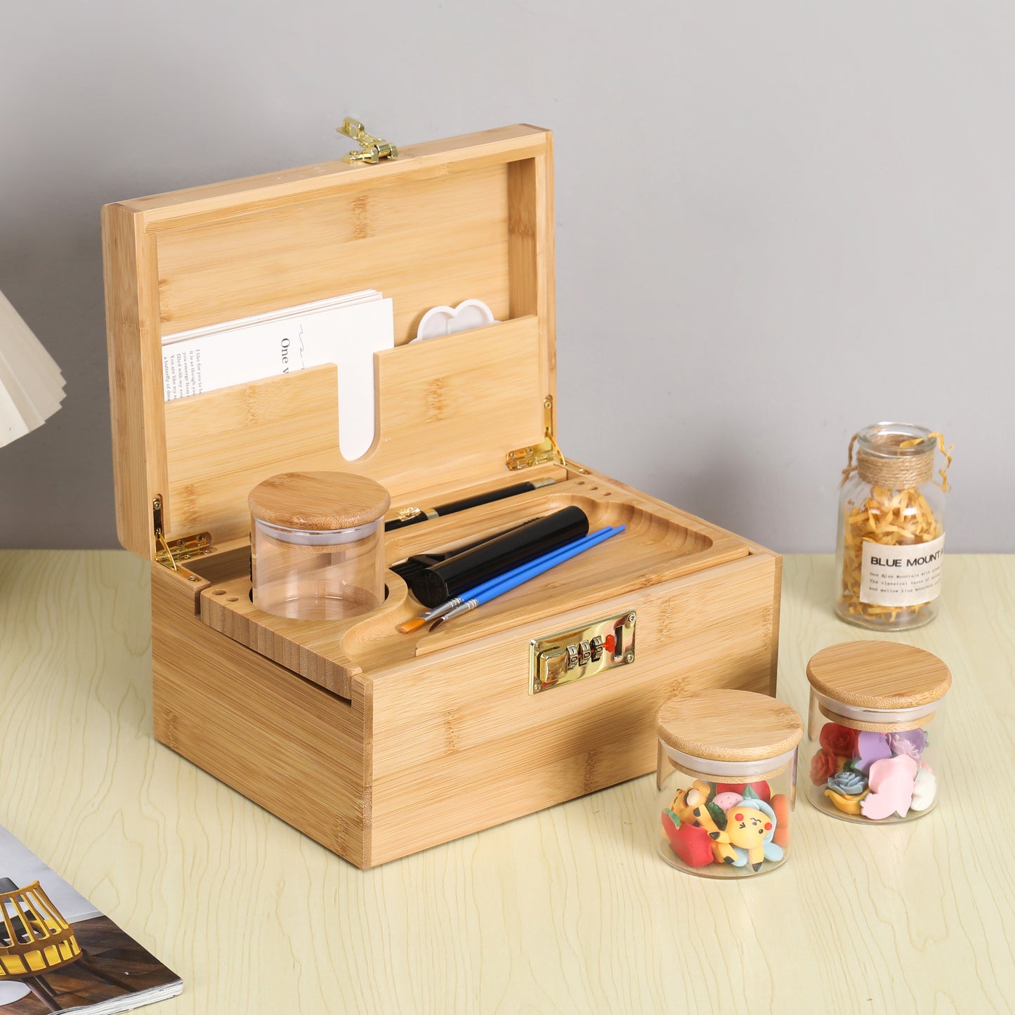 ARTAWEIN Combo Storage Box - Multipurpose Decorative Box with Removable Tray 3 Glass Jars - Wooden Lock box with Combination Lock - Wooden box with Lock