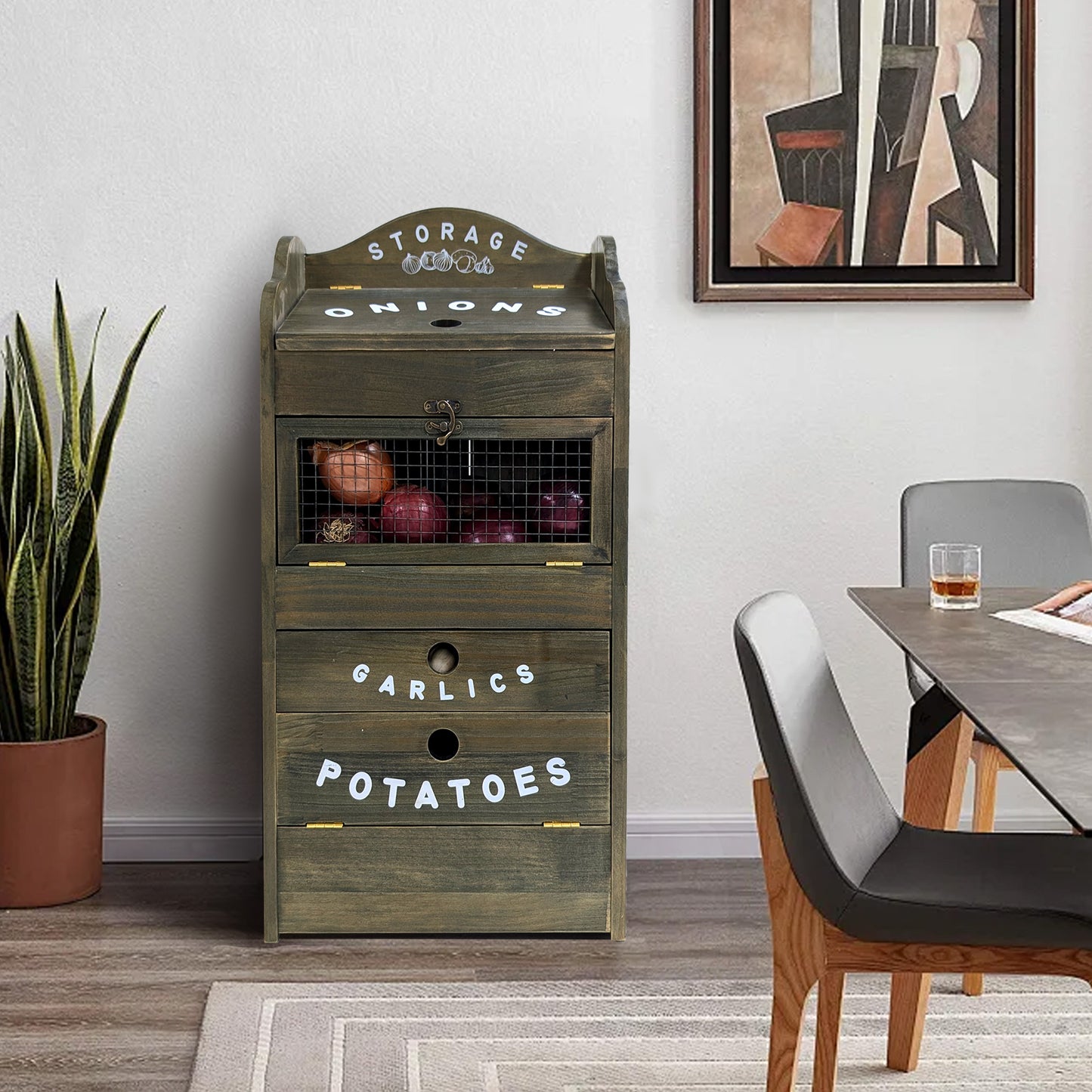 Pine Wood Veggie Bin for Potato, Onion and 1 Garlic Drawer Vegetable Box for Kitchen Storage, Solid Wood Vegetable Bin 13.77" L X 7.1" W X 29.3" H
