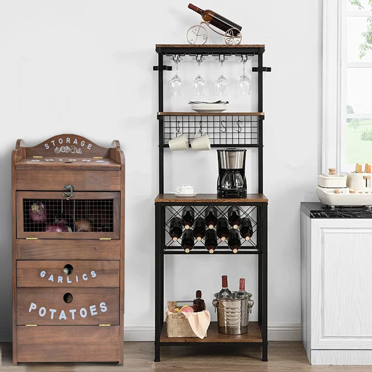 Pine Wood Veggie Bin for Potato, Onion and 1 Garlic Drawer Vegetable Box for Kitchen Storage, Solid Wood Vegetable Bin 13.77" L X 7.1" W X 29.3" H