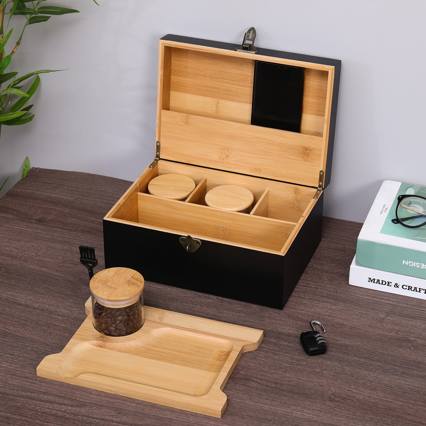 Wooden Lock box Bamboo Chest Kit Storage Box with Bamboo Tray Decorative Box with Combination Lock Box - Trendy & Large Bamboo Box with 3 Glass Jars and Detachabe Tray Wooden Box with Lock