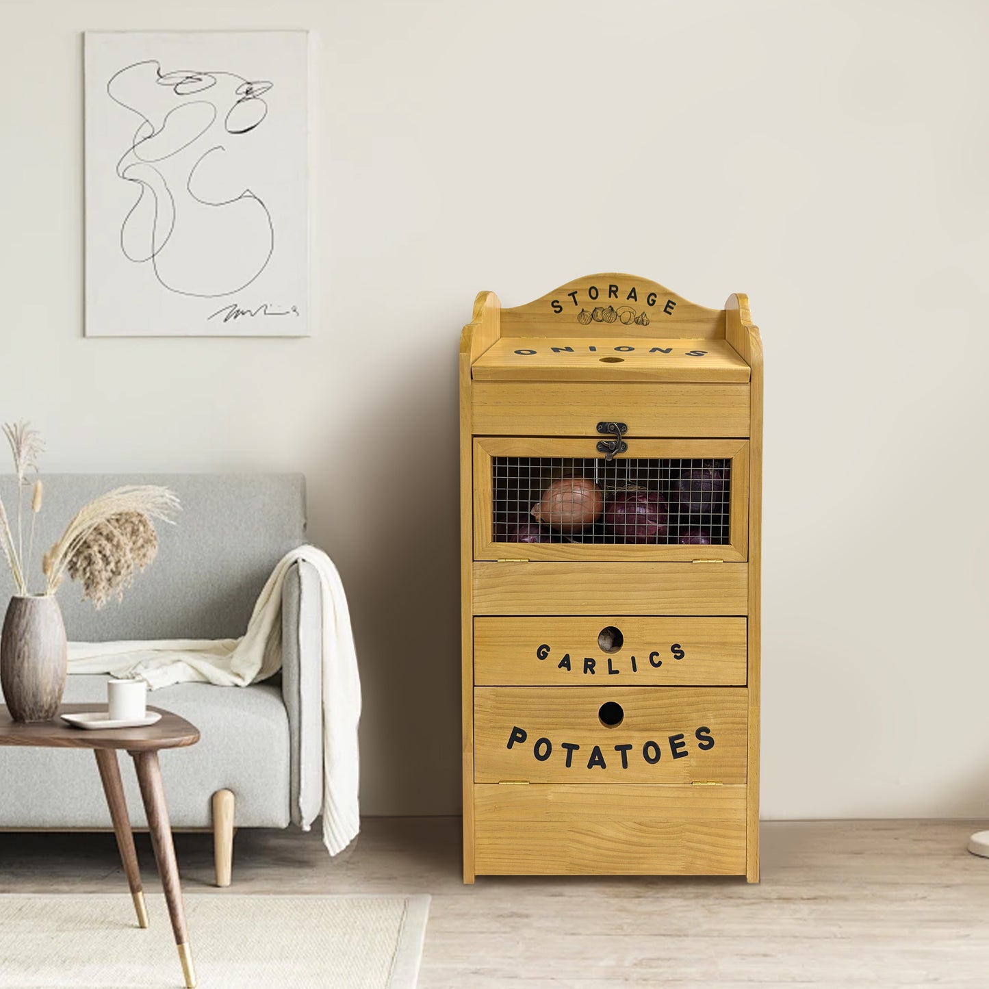 Pine Wood Veggie Bin for Potato, Onion and 1 Garlic Drawer Vegetable Box for Kitchen Storage, Solid Wood Vegetable Bin 13.77" L X 7.1" W X 29.3" H