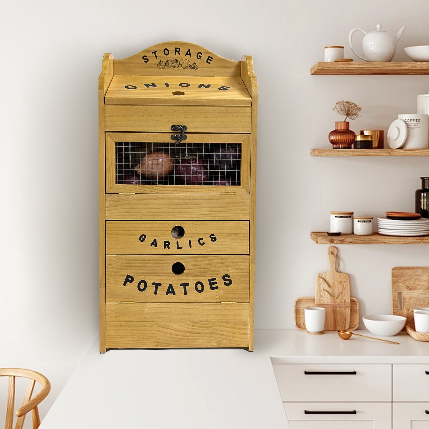Pine Wood Veggie Bin for Potato, Onion and 1 Garlic Drawer Vegetable Box for Kitchen Storage, Solid Wood Vegetable Bin 13.77" L X 7.1" W X 29.3" H