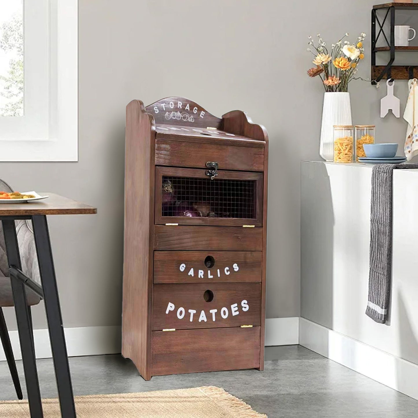 Pine Wood Veggie Bin for Potato, Onion and 1 Garlic Drawer Vegetable Box for Kitchen Storage, Solid Wood Vegetable Bin 13.77" L X 7.1" W X 29.3" H