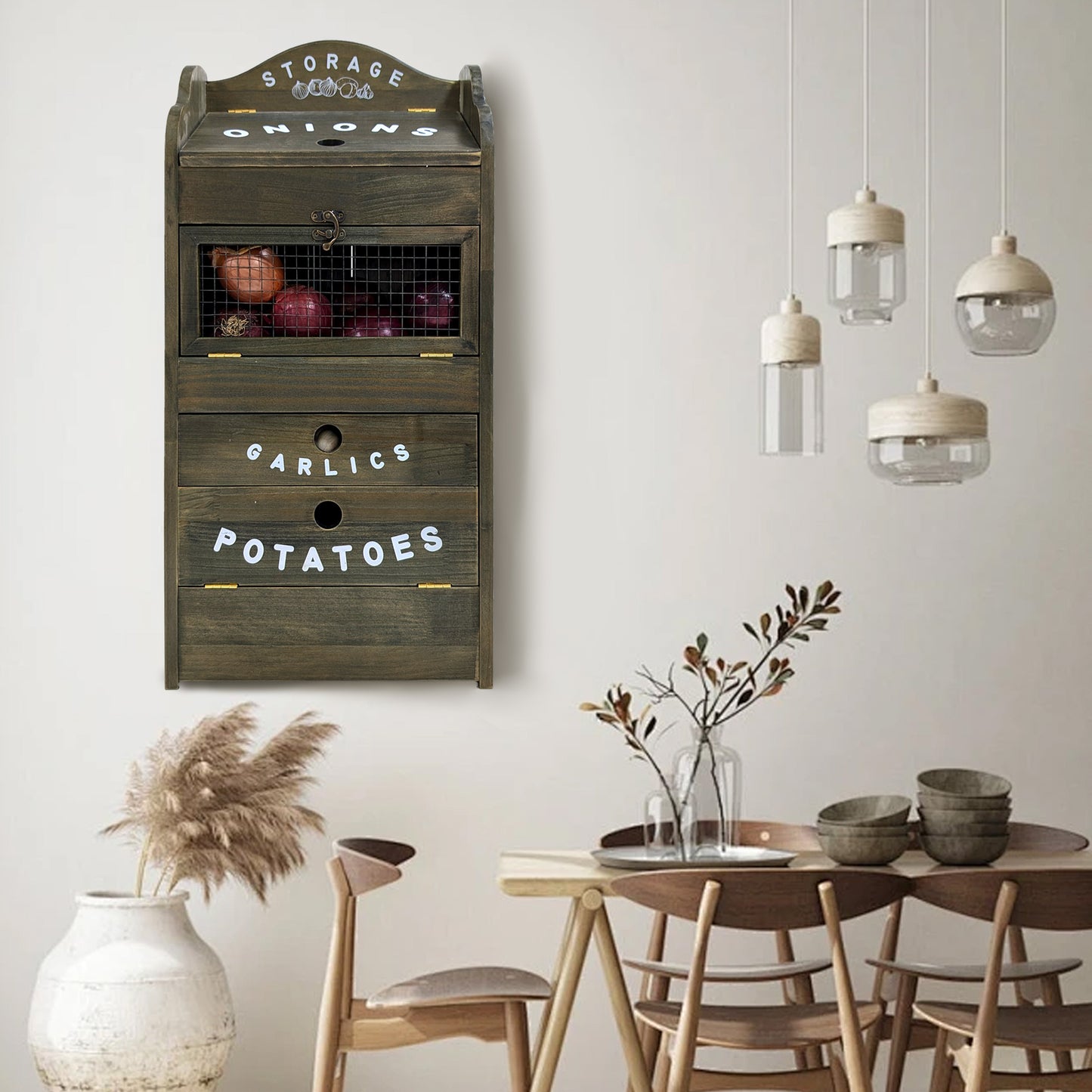 Pine Wood Veggie Bin for Potato, Onion and 1 Garlic Drawer Vegetable Box for Kitchen Storage, Solid Wood Vegetable Bin 13.77" L X 7.1" W X 29.3" H