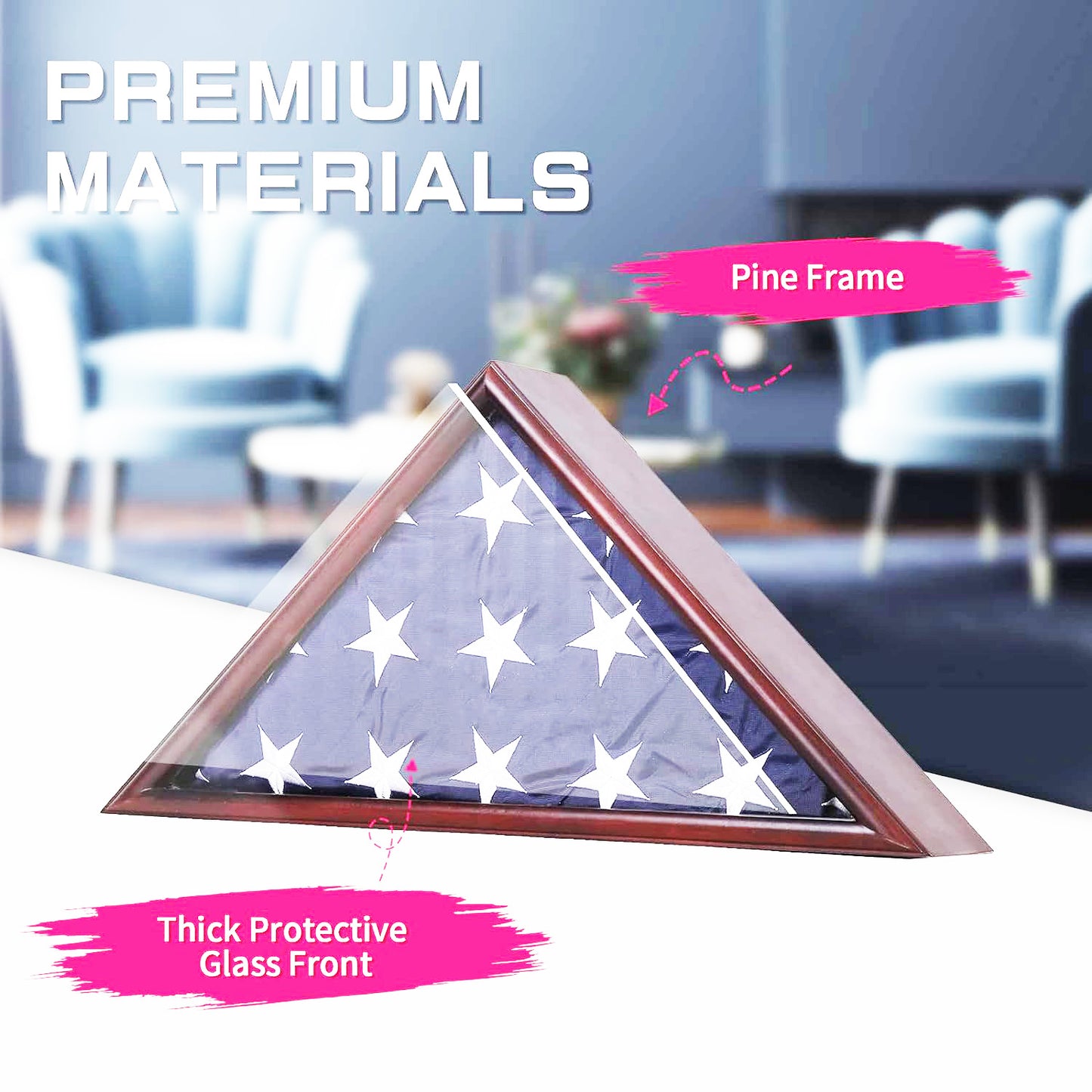 Burial Flag Display Case Fits 5'x9.5' Flag, Thin Bottom Edge Military Flag Box with Glass Front for American Veteran Flag, Wooden Memorial Folded Flag Case Shadow Box
