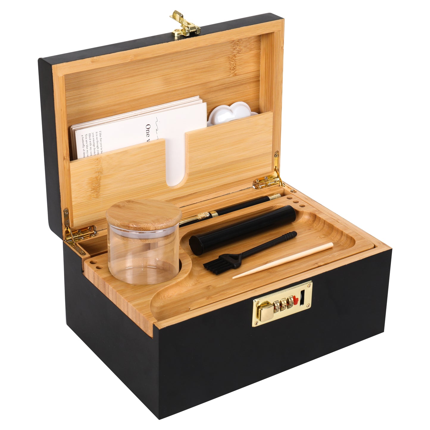 ARTAWEIN Combo Storage Box - Multipurpose Decorative Box with Removable Tray 3 Glass Jars - Wooden Lock box with Combination Lock - Wooden box with Lock