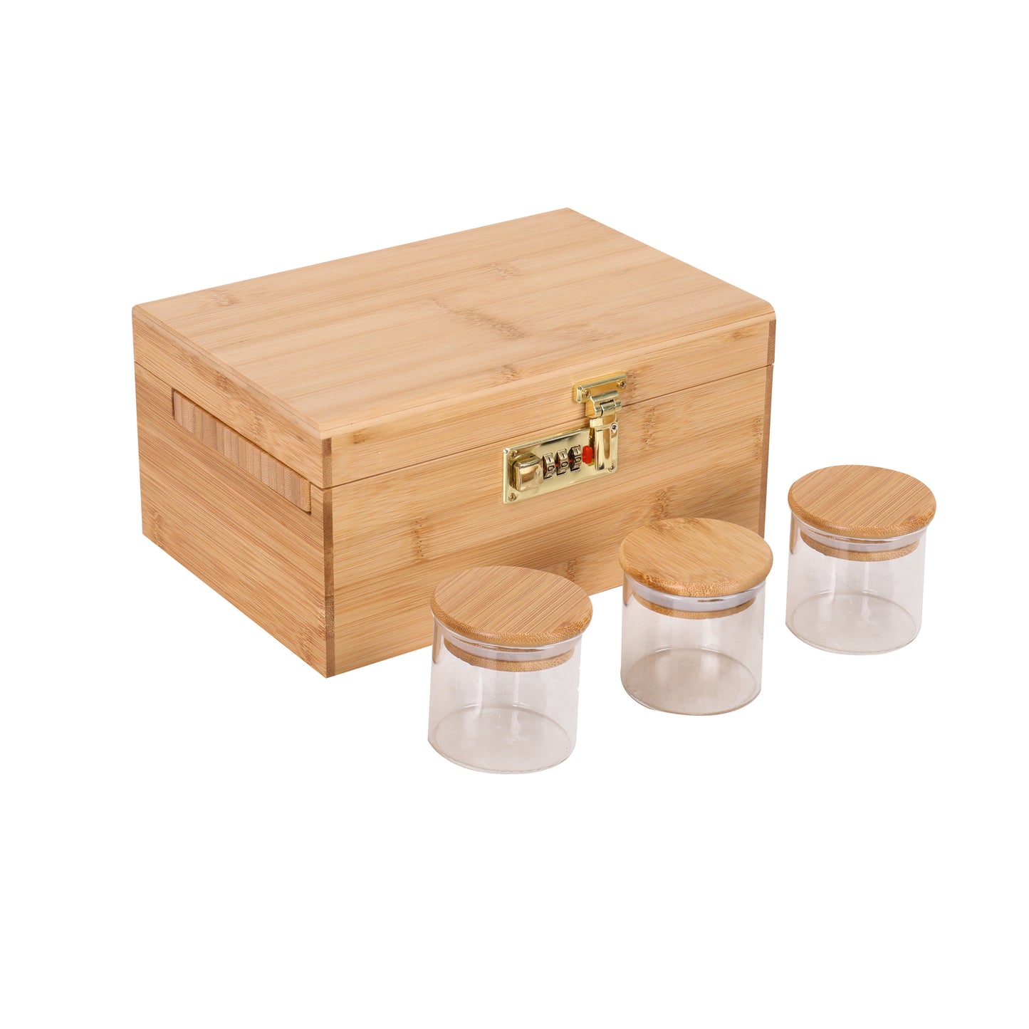 ARTAWEIN Combo Storage Box - Multipurpose Decorative Box with Removable Tray 3 Glass Jars - Wooden Lock box with Combination Lock - Wooden box with Lock
