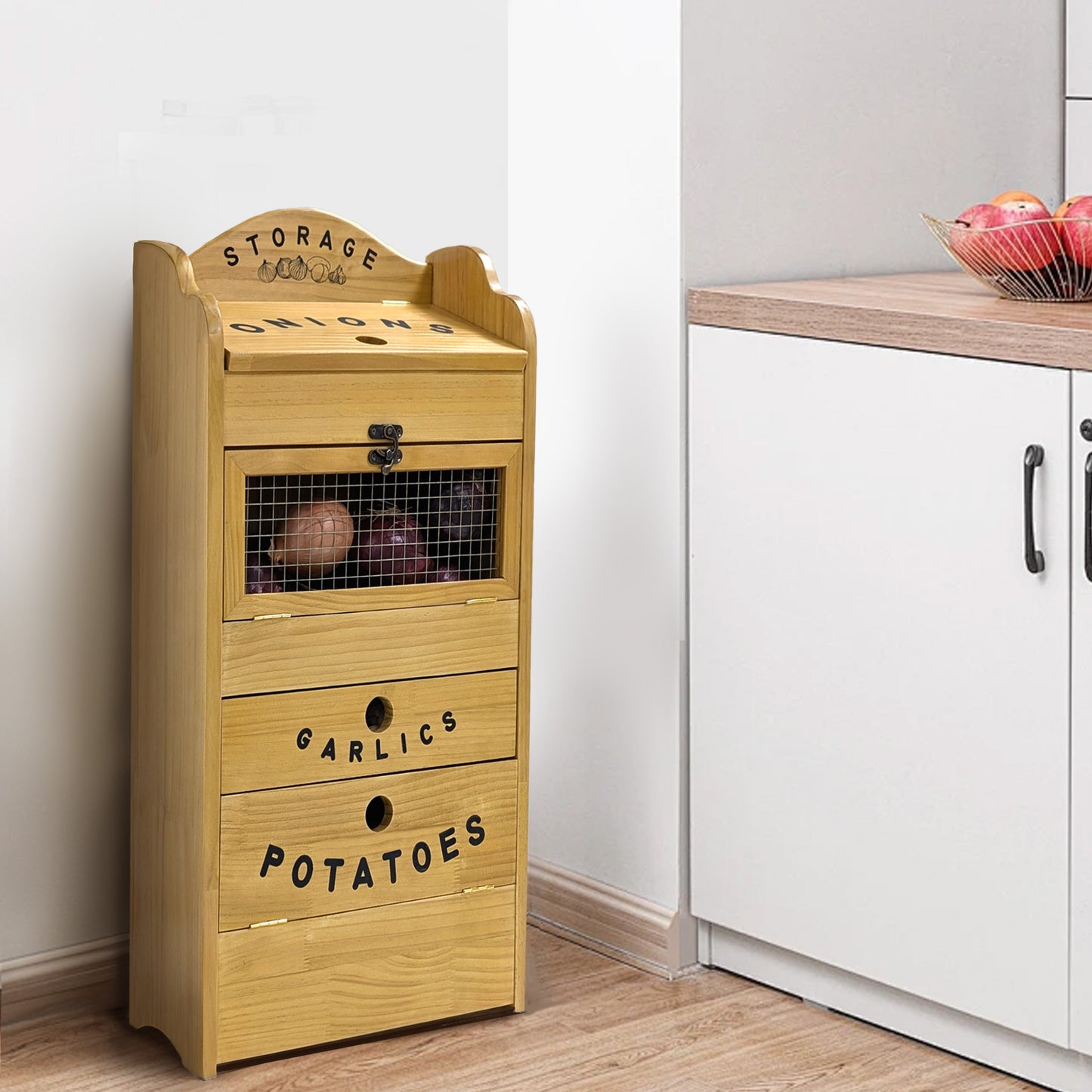 Pine Wood Veggie Bin for Potato, Onion and 1 Garlic Drawer Vegetable Box for Kitchen Storage, Solid Wood Vegetable Bin 13.77" L X 7.1" W X 29.3" H