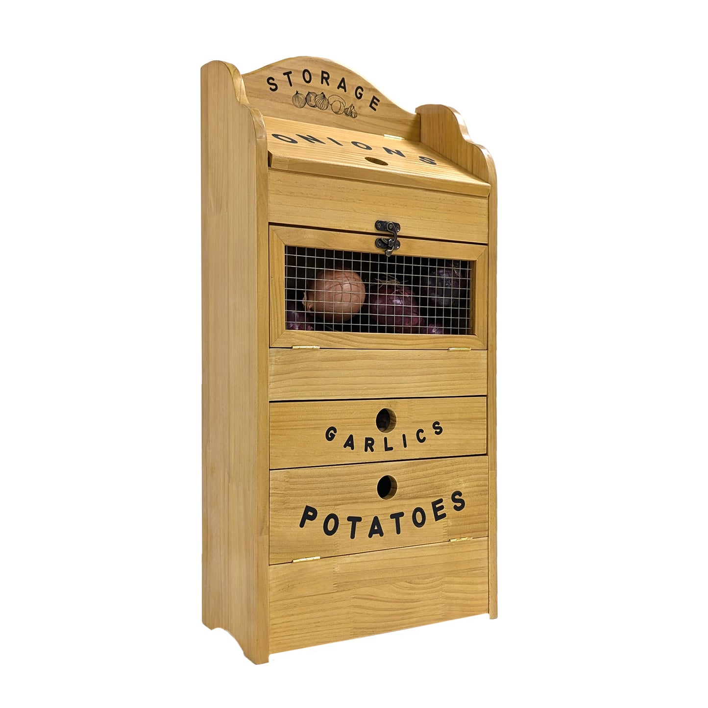 Pine Wood Veggie Bin for Potato, Onion and 1 Garlic Drawer Vegetable Box for Kitchen Storage, Solid Wood Vegetable Bin 13.77" L X 7.1" W X 29.3" H