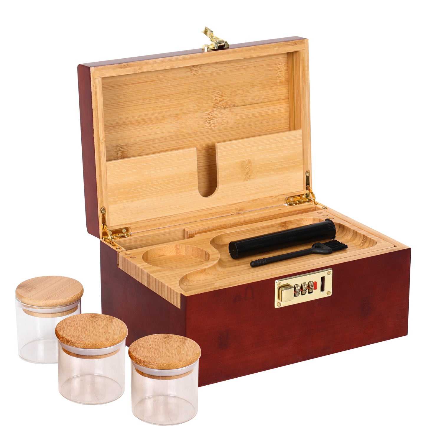 ARTAWEIN Combo Storage Box - Multipurpose Decorative Box with Removable Tray 3 Glass Jars - Wooden Lock box with Combination Lock - Wooden box with Lock