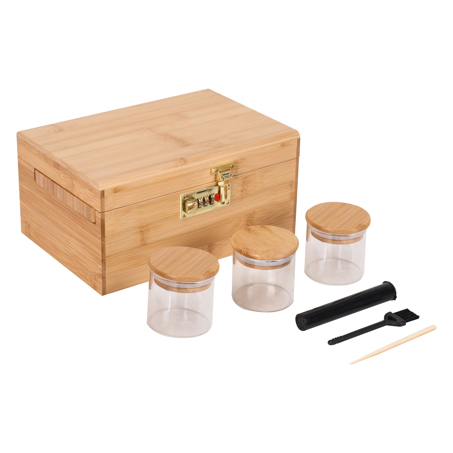 ARTAWEIN Combo Storage Box - Multipurpose Decorative Box with Removable Tray 3 Glass Jars - Wooden Lock box with Combination Lock - Wooden box with Lock