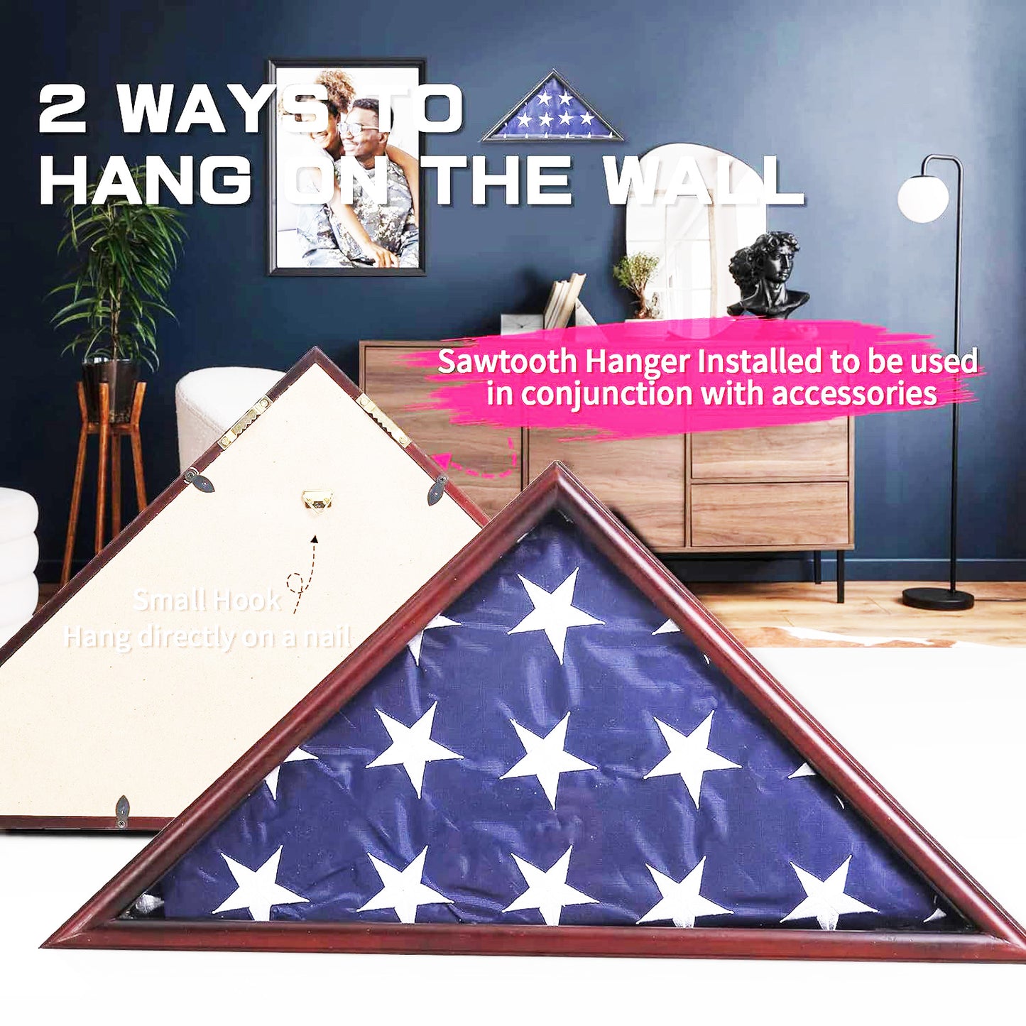 Burial Flag Display Case Fits 5'x9.5' Flag, Thin Bottom Edge Military Flag Box with Glass Front for American Veteran Flag, Wooden Memorial Folded Flag Case Shadow Box