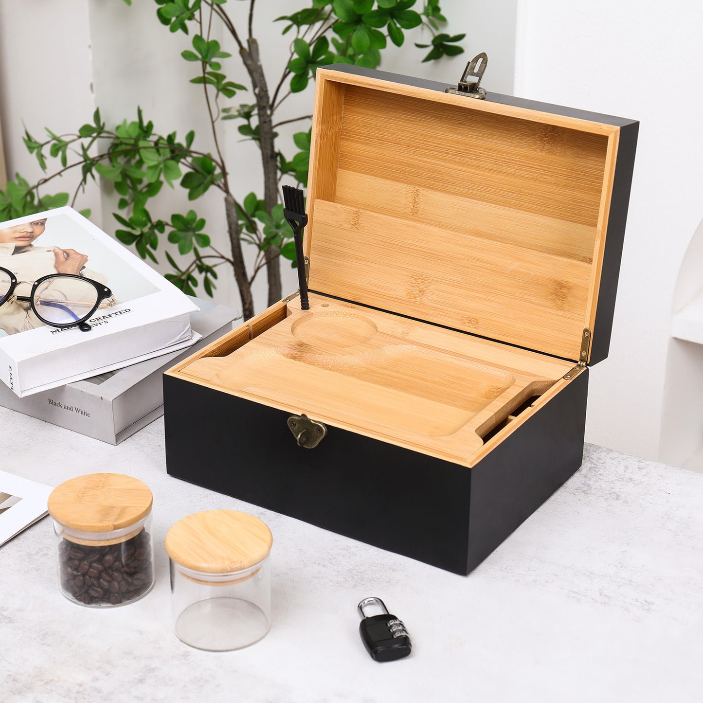 Wooden Lock box Bamboo Chest Kit Storage Box with Bamboo Tray Decorative Box with Combination Lock Box - Trendy & Large Bamboo Box with 3 Glass Jars and Detachabe Tray Wooden Box with Lock