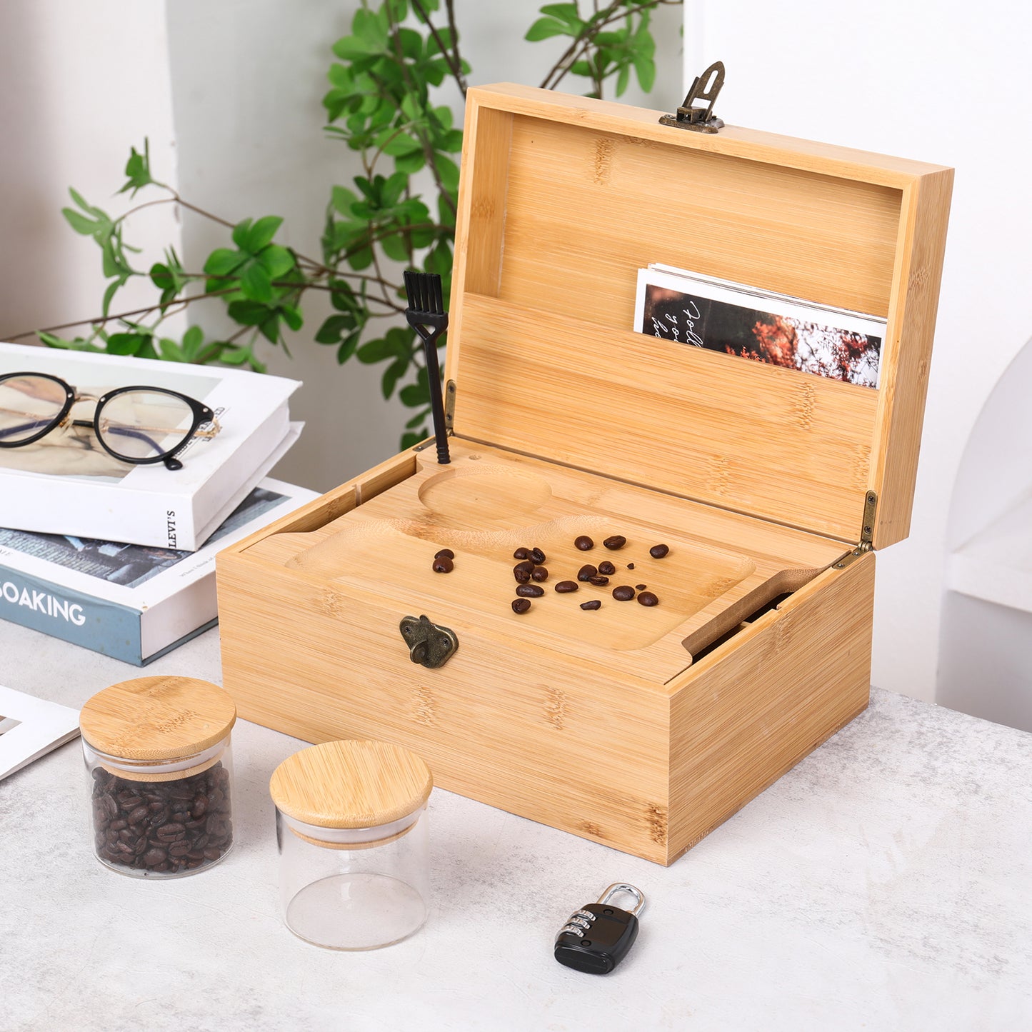 Wooden Lock box Bamboo Chest Kit Storage Box with Bamboo Tray Decorative Box with Combination Lock Box - Trendy & Large Bamboo Box with 3 Glass Jars and Detachabe Tray Wooden Box with Lock