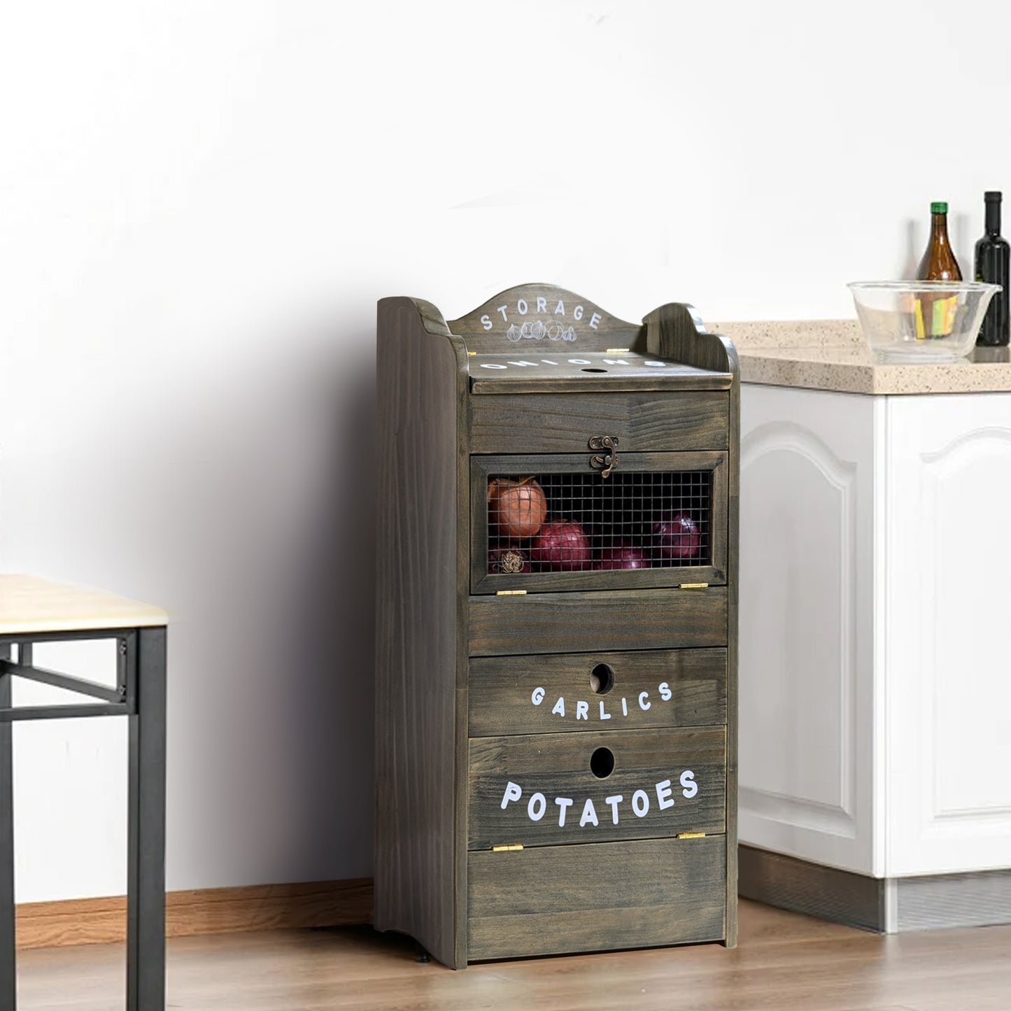 Pine Wood Veggie Bin for Potato, Onion and 1 Garlic Drawer Vegetable Box for Kitchen Storage, Solid Wood Vegetable Bin 13.77" L X 7.1" W X 29.3" H