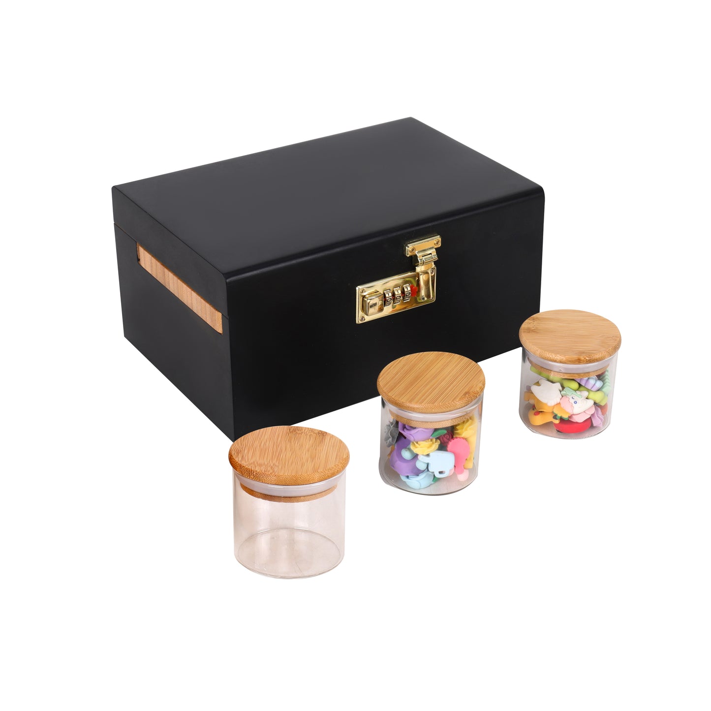 ARTAWEIN Combo Storage Box - Multipurpose Decorative Box with Removable Tray 3 Glass Jars - Wooden Lock box with Combination Lock - Wooden box with Lock