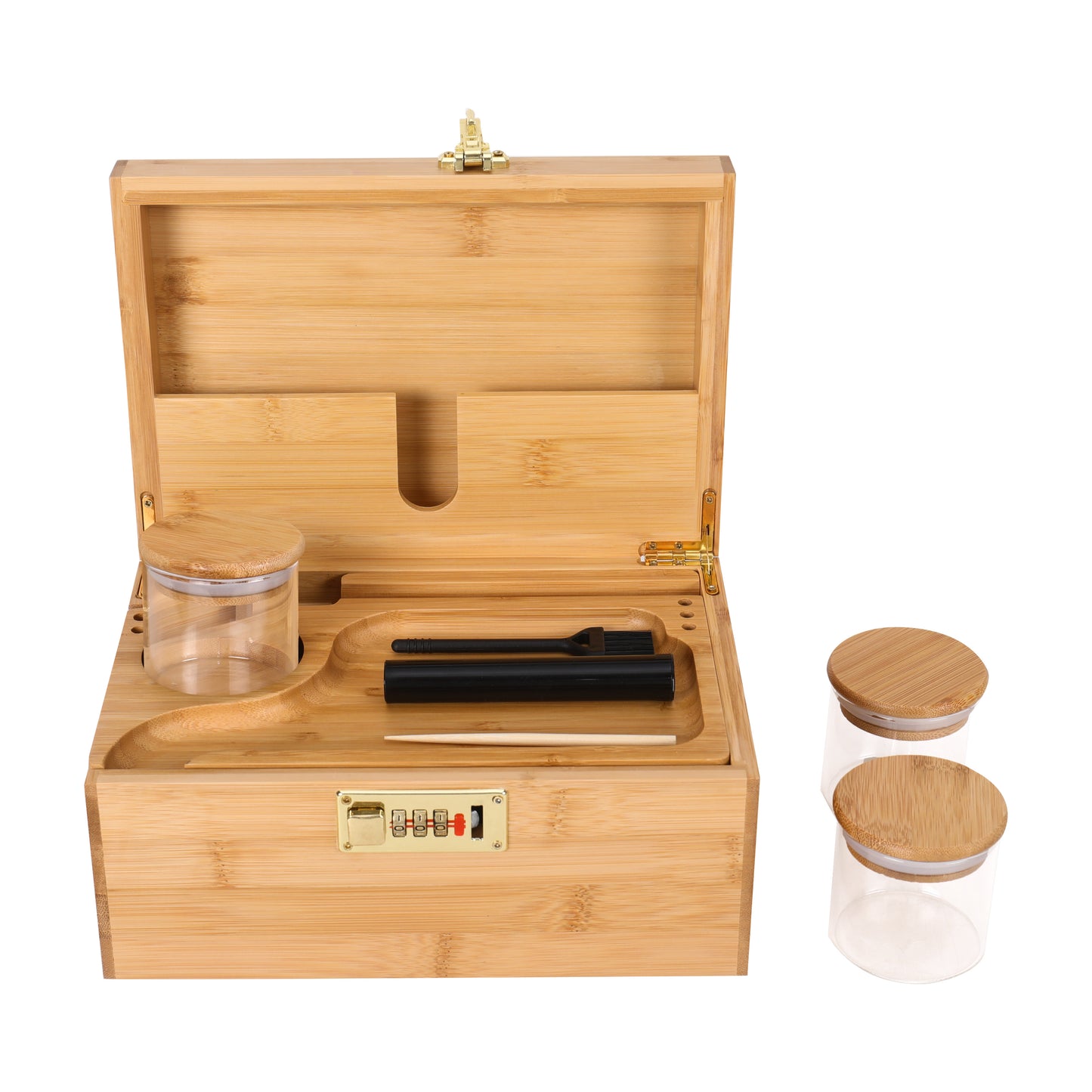 ARTAWEIN Combo Storage Box - Multipurpose Decorative Box with Removable Tray 3 Glass Jars - Wooden Lock box with Combination Lock - Wooden box with Lock