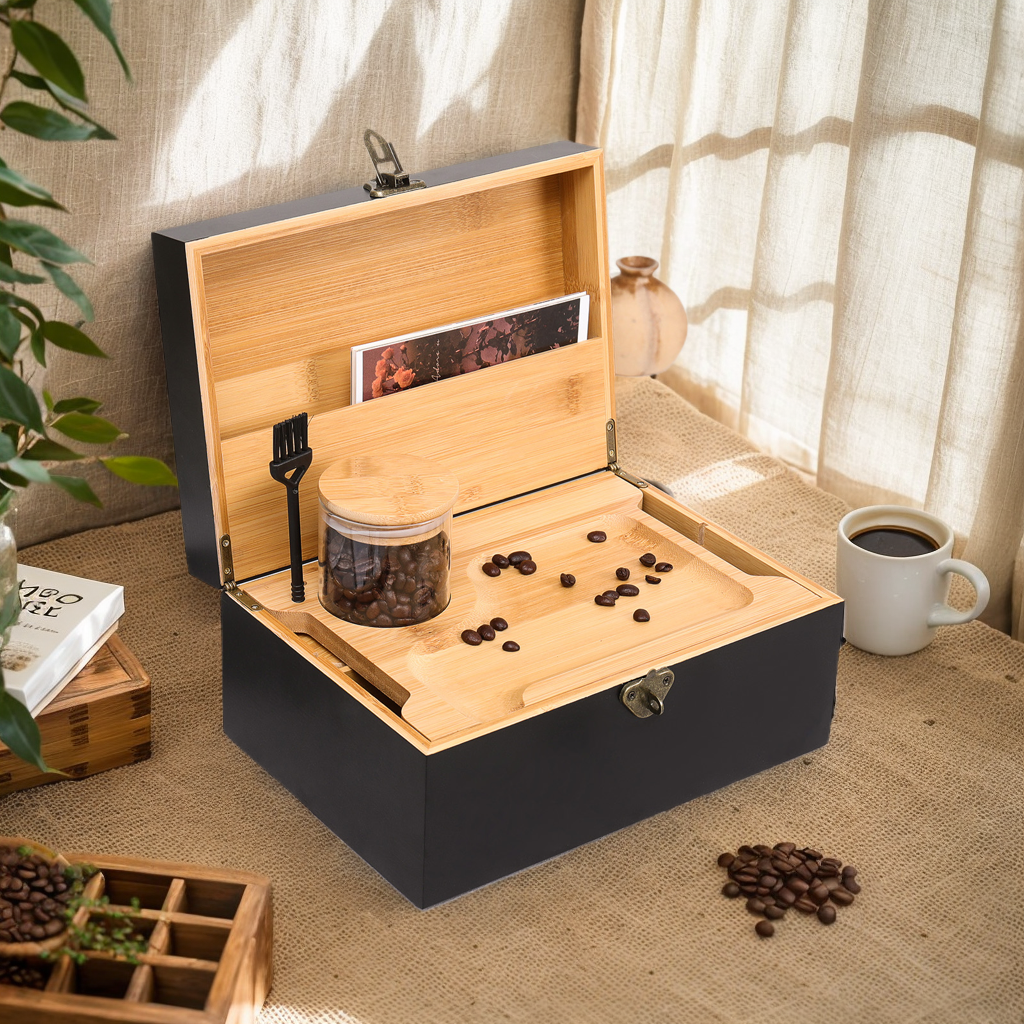 Wooden Lock box Bamboo Chest Kit Storage Box with Bamboo Tray Decorative Box with Combination Lock Box - Trendy & Large Bamboo Box with 3 Glass Jars and Detachabe Tray Wooden Box with Lock