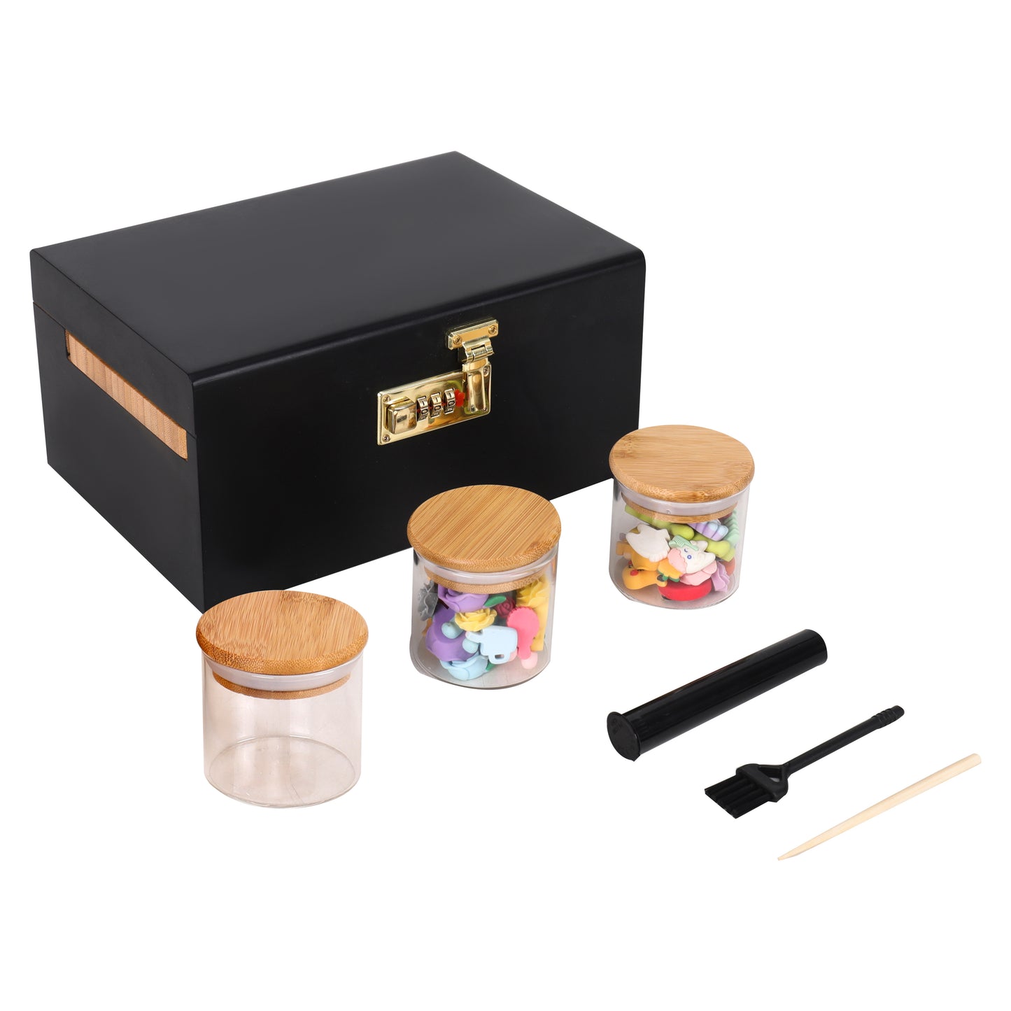 ARTAWEIN Combo Storage Box - Multipurpose Decorative Box with Removable Tray 3 Glass Jars - Wooden Lock box with Combination Lock - Wooden box with Lock