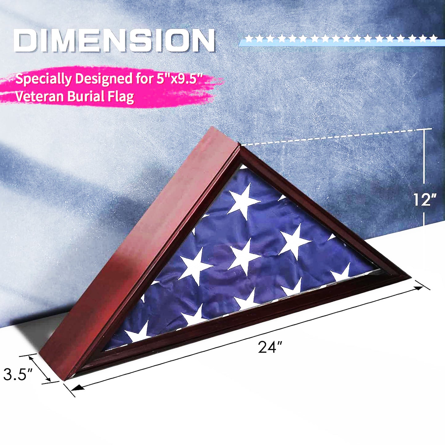 Burial Flag Display Case Fits 5'x9.5' Flag, Thin Bottom Edge Military Flag Box with Glass Front for American Veteran Flag, Wooden Memorial Folded Flag Case Shadow Box