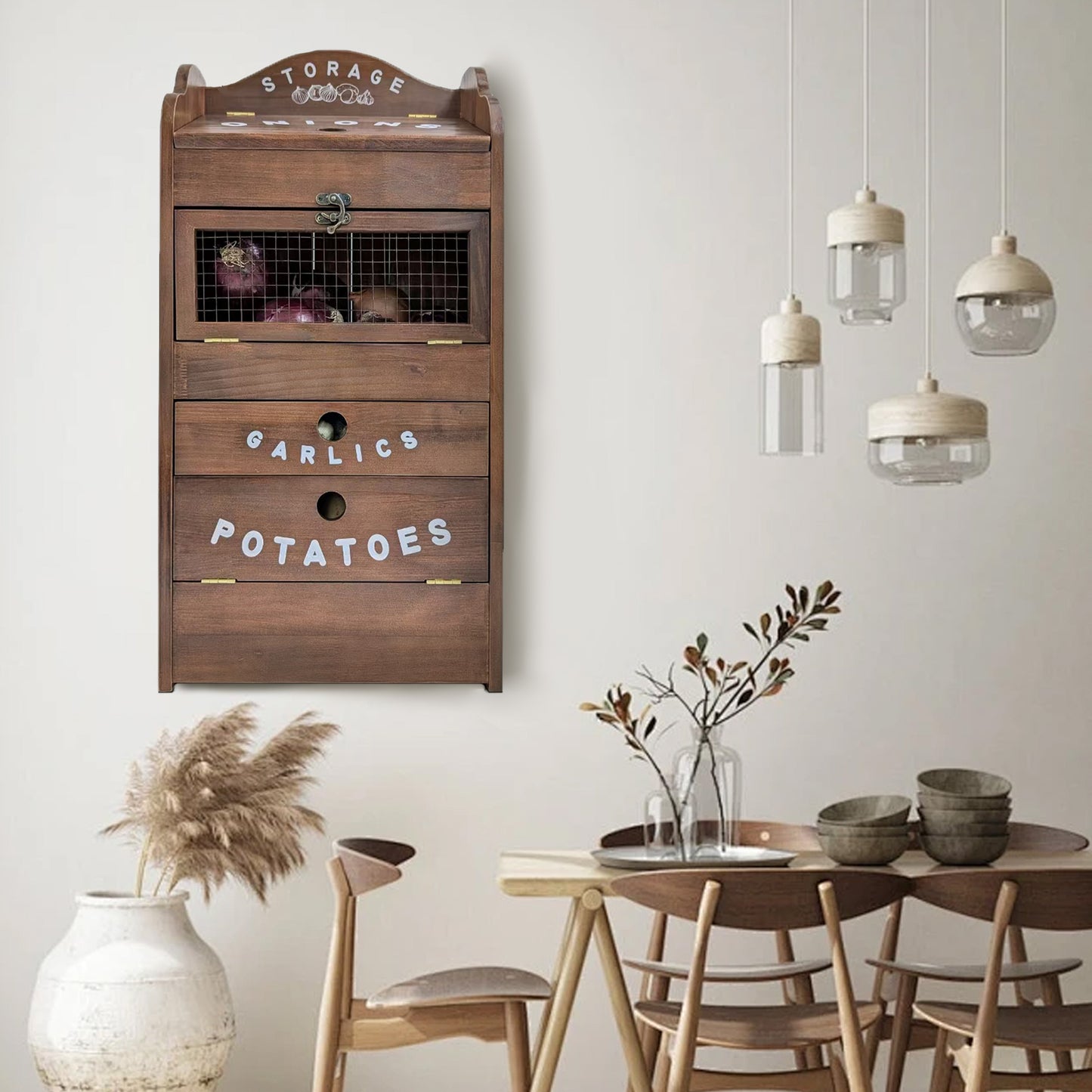 Pine Wood Veggie Bin for Potato, Onion and 1 Garlic Drawer Vegetable Box for Kitchen Storage, Solid Wood Vegetable Bin 13.77" L X 7.1" W X 29.3" H