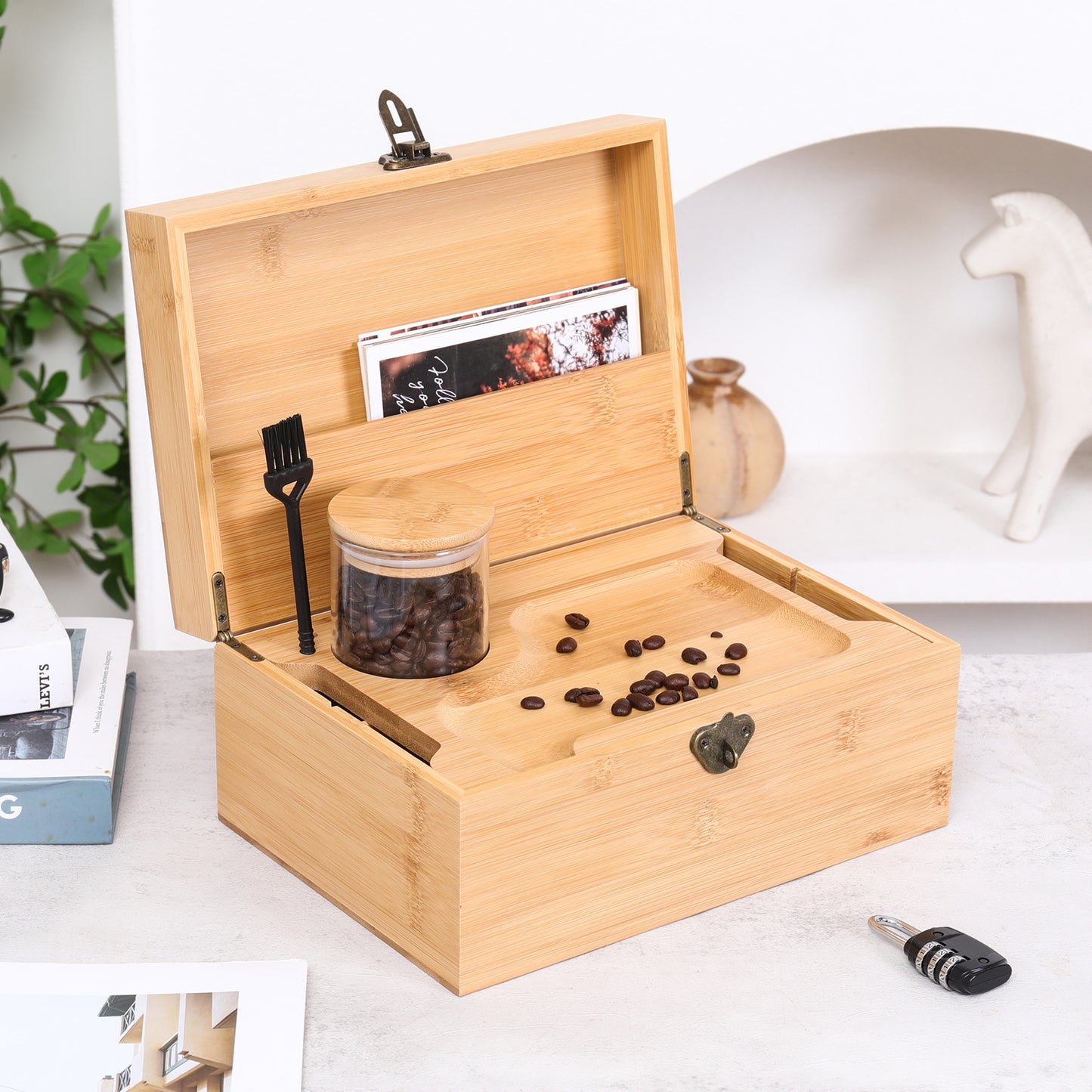 Wooden Lock box Bamboo Chest Kit Storage Box with Bamboo Tray Decorative Box with Combination Lock Box - Trendy & Large Bamboo Box with 3 Glass Jars and Detachabe Tray Wooden Box with Lock