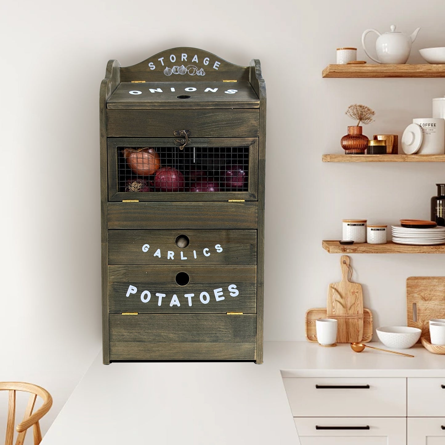 Pine Wood Veggie Bin for Potato, Onion and 1 Garlic Drawer Vegetable Box for Kitchen Storage, Solid Wood Vegetable Bin 13.77" L X 7.1" W X 29.3" H