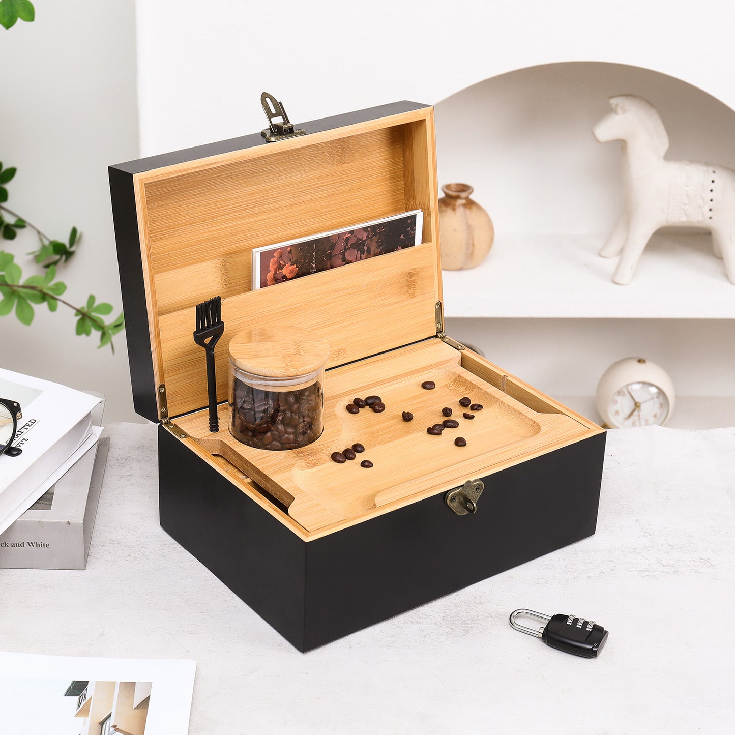 Wooden Lock box Bamboo Chest Kit Storage Box with Bamboo Tray Decorative Box with Combination Lock Box - Trendy & Large Bamboo Box with 3 Glass Jars and Detachabe Tray Wooden Box with Lock