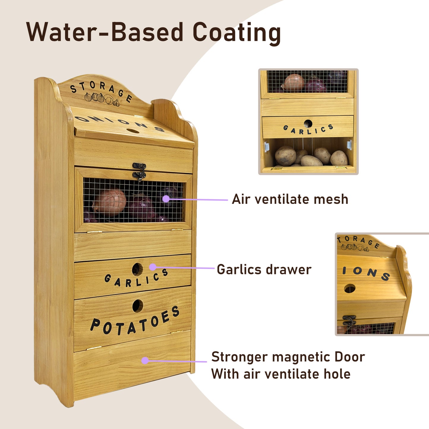 Pine Wood Veggie Bin for Potato, Onion and 1 Garlic Drawer Vegetable Box for Kitchen Storage, Solid Wood Vegetable Bin 13.77" L X 7.1" W X 29.3" H