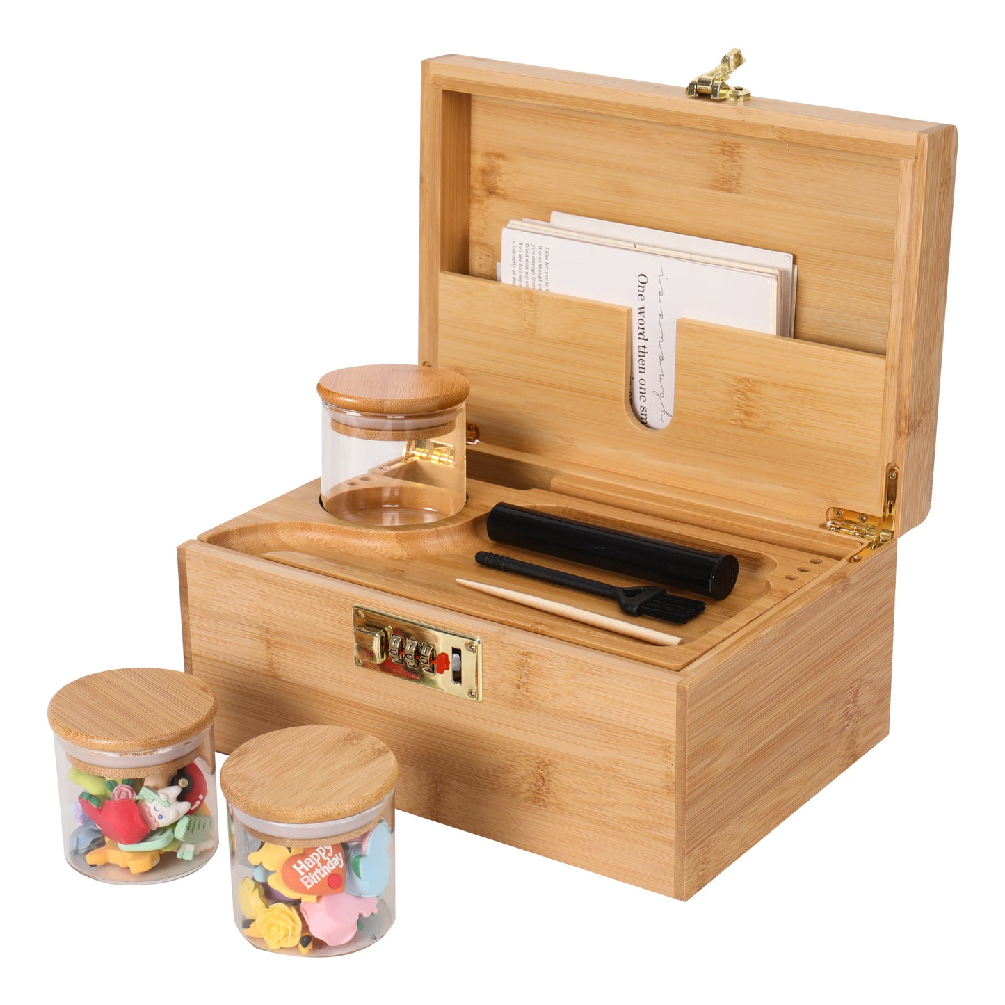 ARTAWEIN Combo Storage Box - Multipurpose Decorative Box with Removable Tray 3 Glass Jars - Wooden Lock box with Combination Lock - Wooden box with Lock