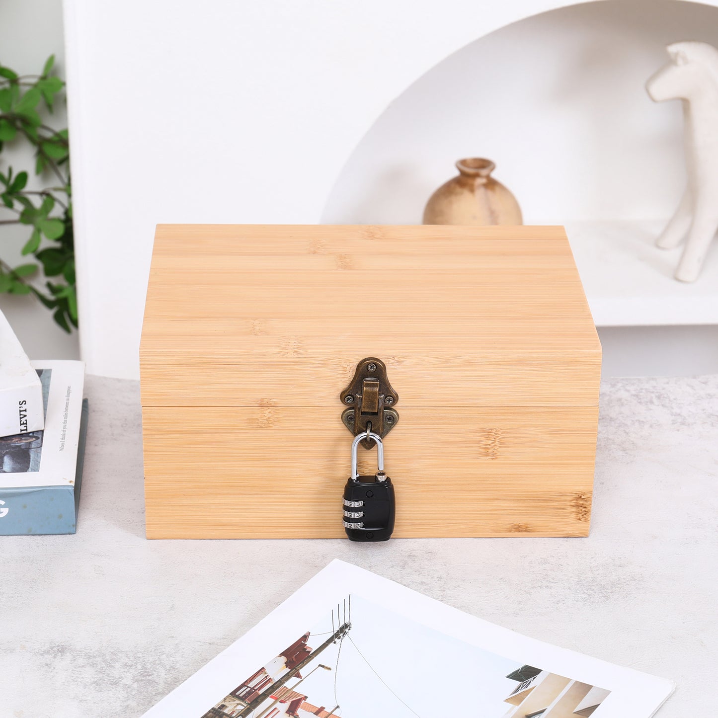 Wooden Lock box Bamboo Chest Kit Storage Box with Bamboo Tray Decorative Box with Combination Lock Box - Trendy & Large Bamboo Box with 3 Glass Jars and Detachabe Tray Wooden Box with Lock