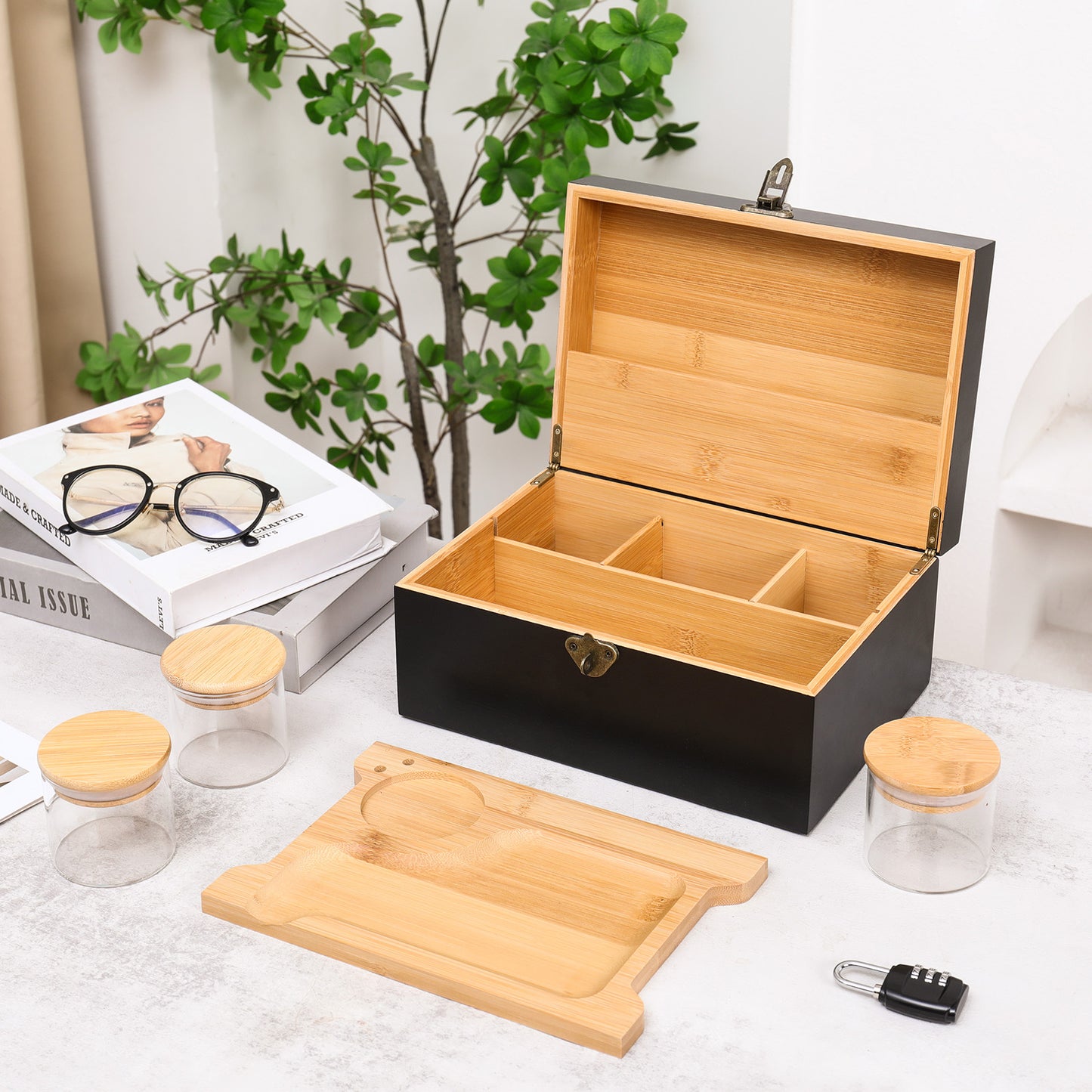 Wooden Lock box Bamboo Chest Kit Storage Box with Bamboo Tray Decorative Box with Combination Lock Box - Trendy & Large Bamboo Box with 3 Glass Jars and Detachabe Tray Wooden Box with Lock
