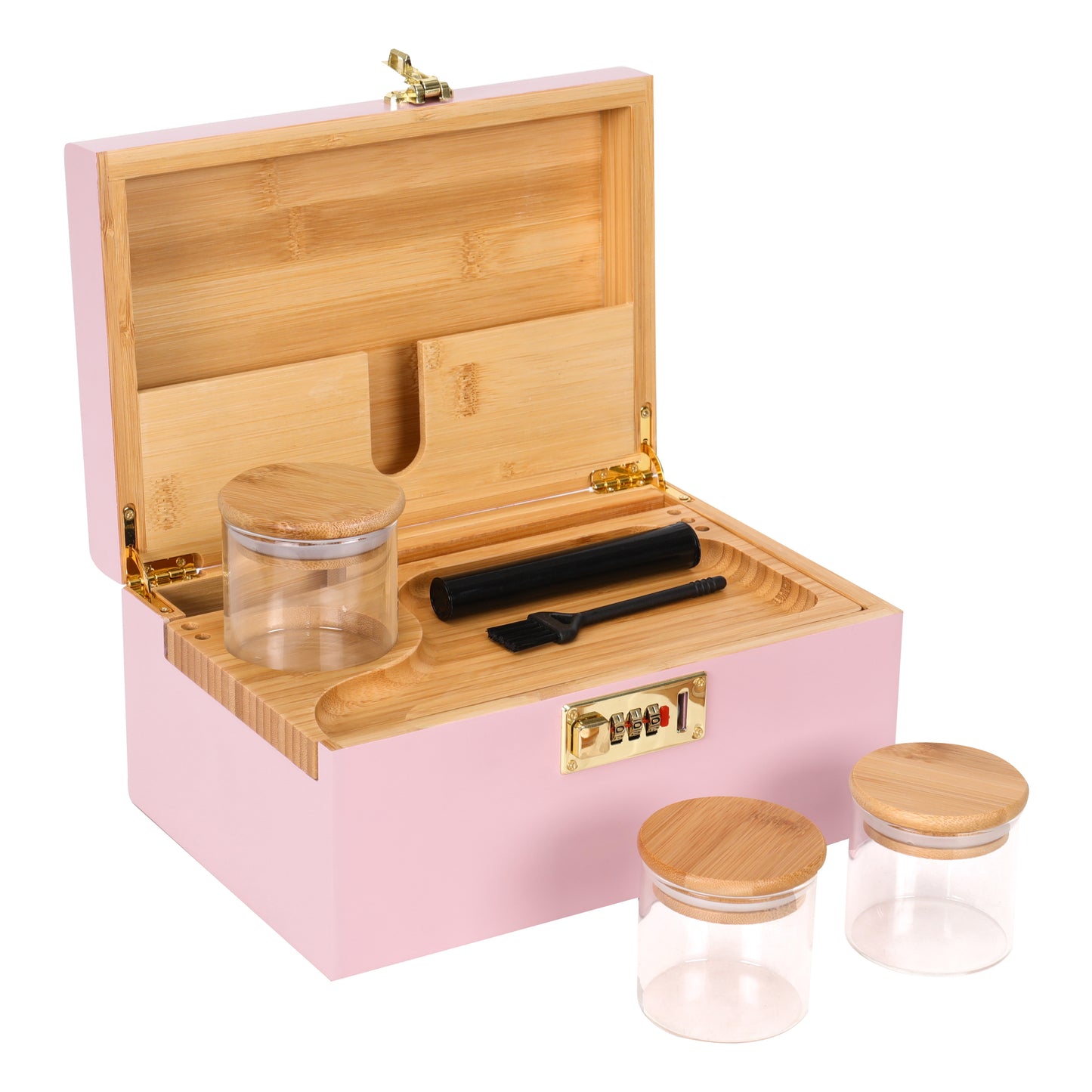 ARTAWEIN Combo Storage Box - Multipurpose Decorative Box with Removable Tray 3 Glass Jars - Wooden Lock box with Combination Lock - Wooden box with Lock