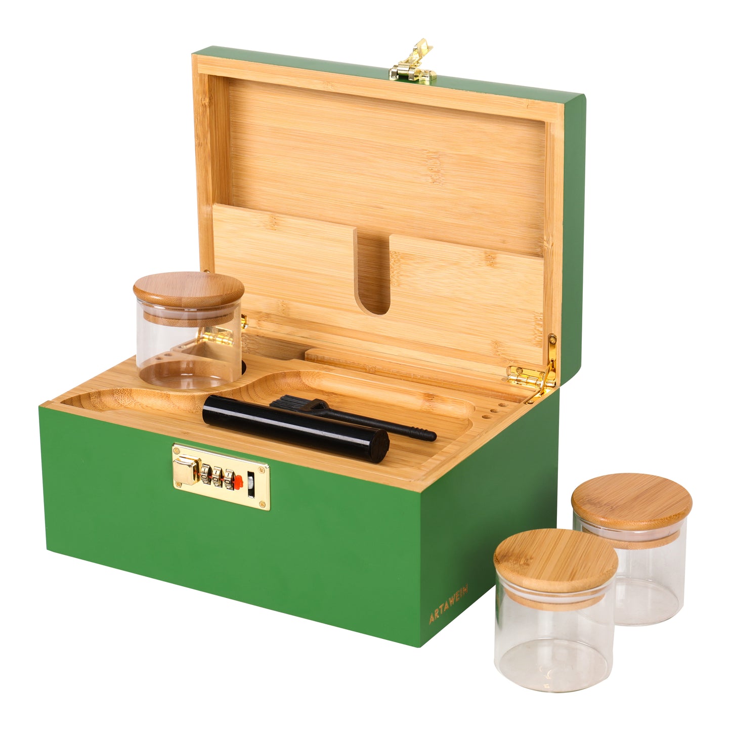 ARTAWEIN Combo Storage Box - Multipurpose Decorative Box with Removable Tray 3 Glass Jars - Wooden Lock box with Combination Lock - Wooden box with Lock