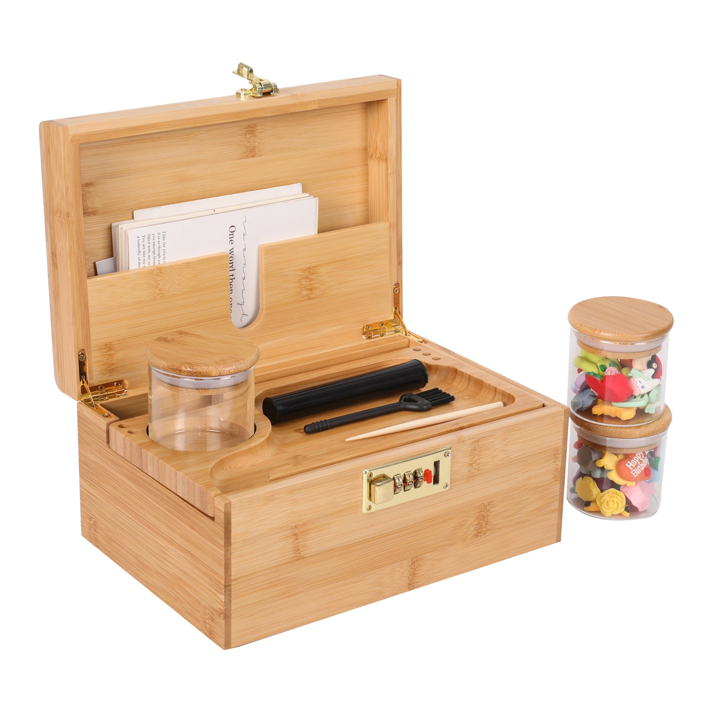 ARTAWEIN Combo Storage Box - Multipurpose Decorative Box with Removable Tray 3 Glass Jars - Wooden Lock box with Combination Lock - Wooden box with Lock