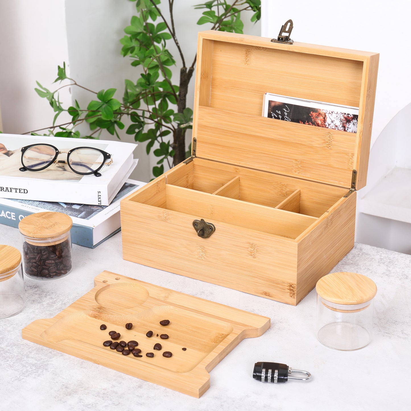 Wooden Lock box Bamboo Chest Kit Storage Box with Bamboo Tray Decorative Box with Combination Lock Box - Trendy & Large Bamboo Box with 3 Glass Jars and Detachabe Tray Wooden Box with Lock