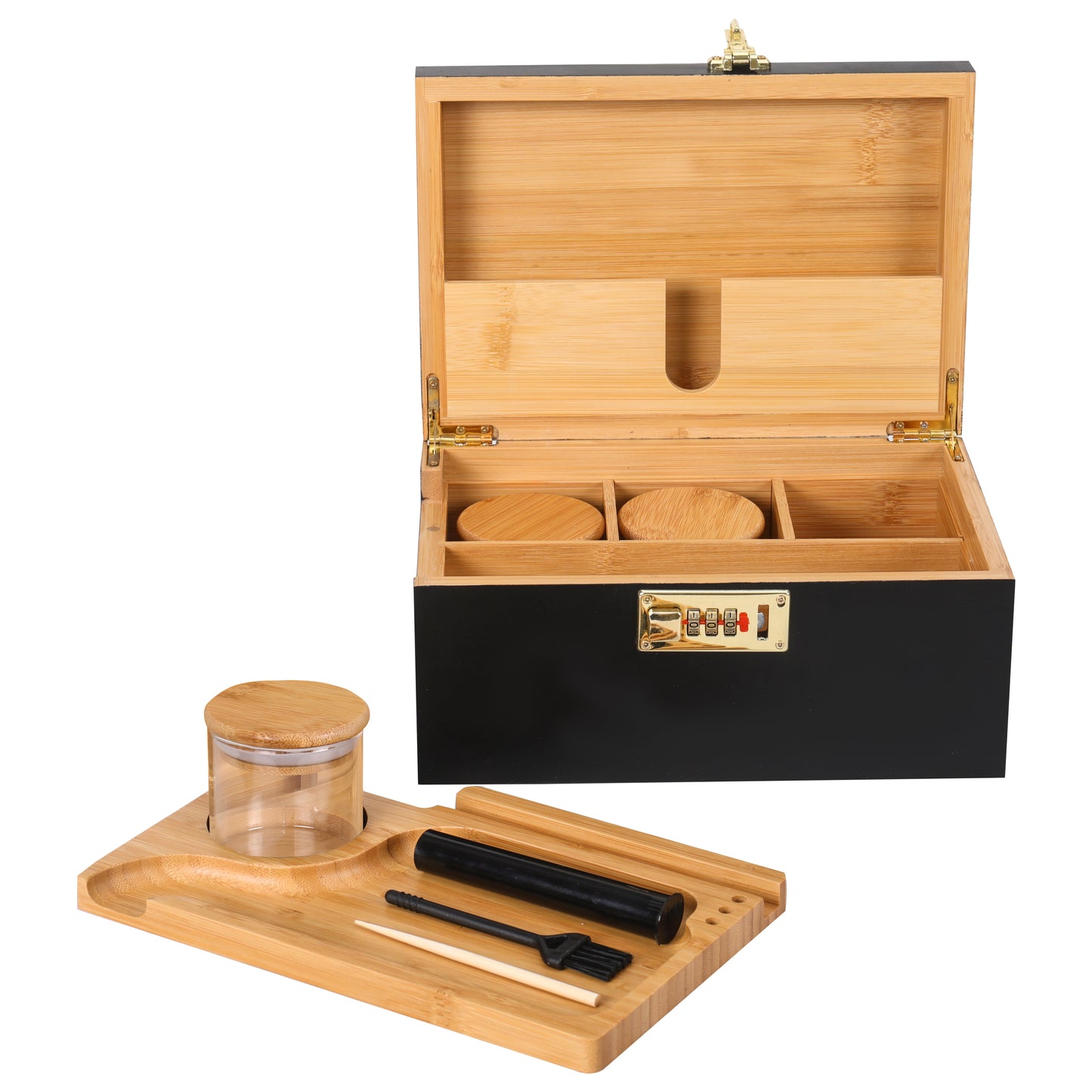 ARTAWEIN Combo Storage Box - Multipurpose Decorative Box with Removable Tray 3 Glass Jars - Wooden Lock box with Combination Lock - Wooden box with Lock