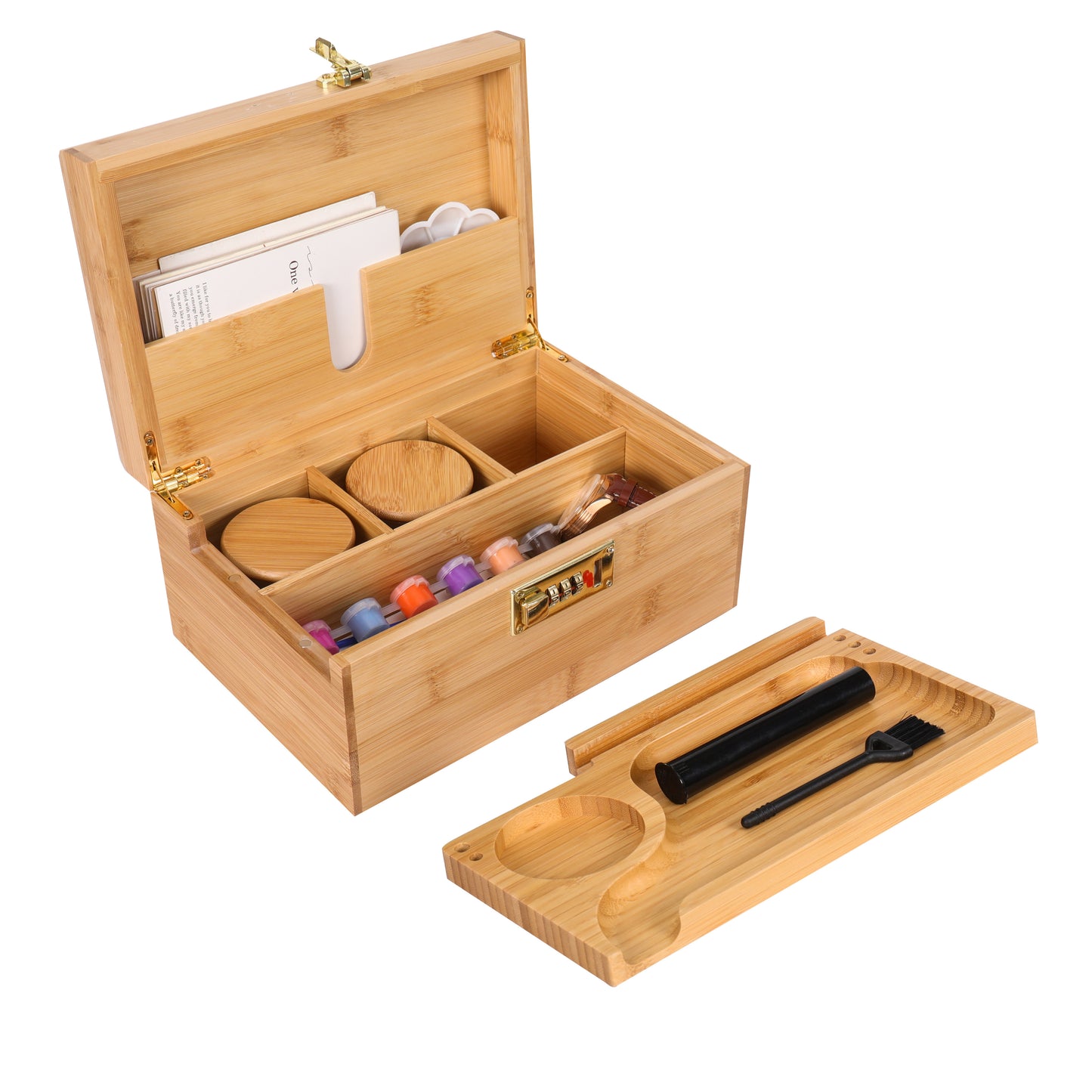 ARTAWEIN Combo Storage Box - Multipurpose Decorative Box with Removable Tray 3 Glass Jars - Wooden Lock box with Combination Lock - Wooden box with Lock