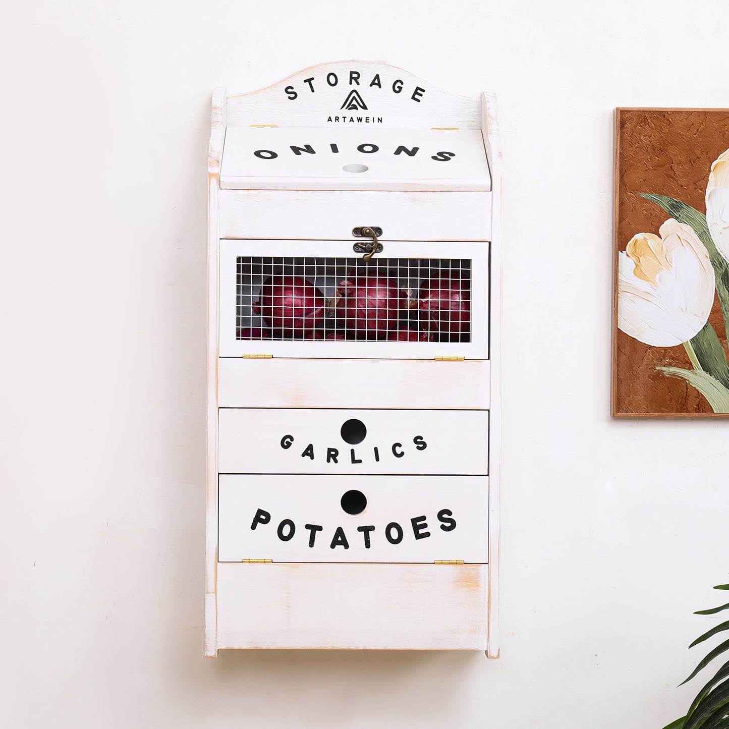 Pine Wood Veggie Bin for Potato, Onion and 1 Garlic Drawer Vegetable Box for Kitchen Storage, Solid Wood Vegetable Bin 13.77" L X 7.1" W X 29.3" H