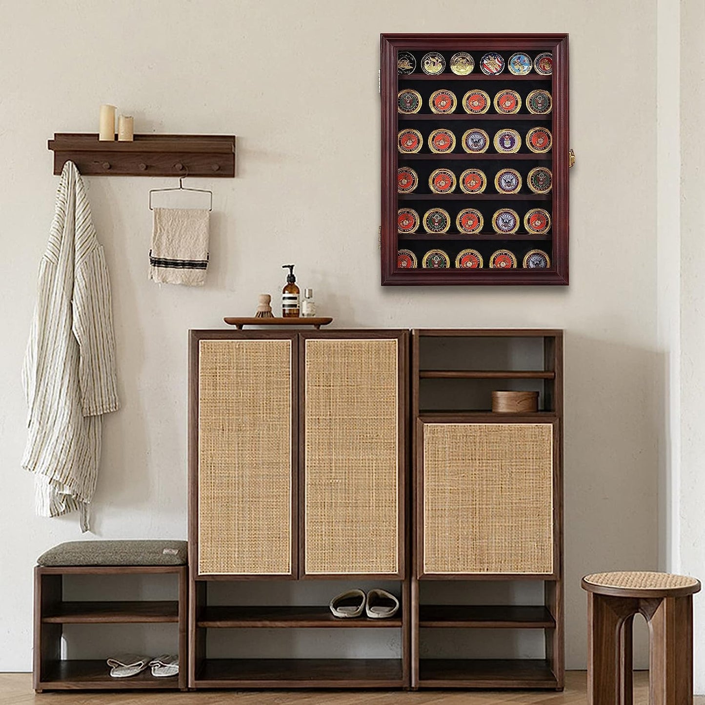 Military Challenge Coin Display Case Lockable Cabinet Rack Holder Shadow Box with Removable 2 Grooves Shelves and Anti Fade Acrylic Glass Door Challenge Coin Display Wall Mount