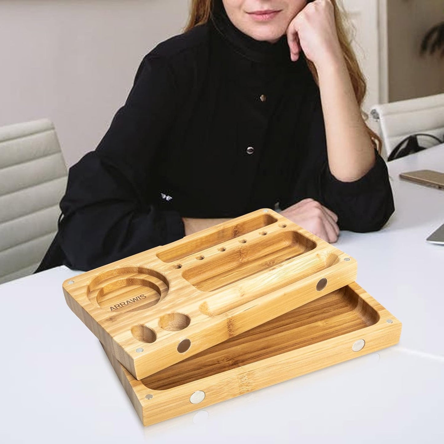 Combo Storage Box - Multipurpose Decorative Box with Removable Tray, Magnetic Lock, 2 Glass Jars - Bamboo Box (Natural Box) (Foldable Tray)