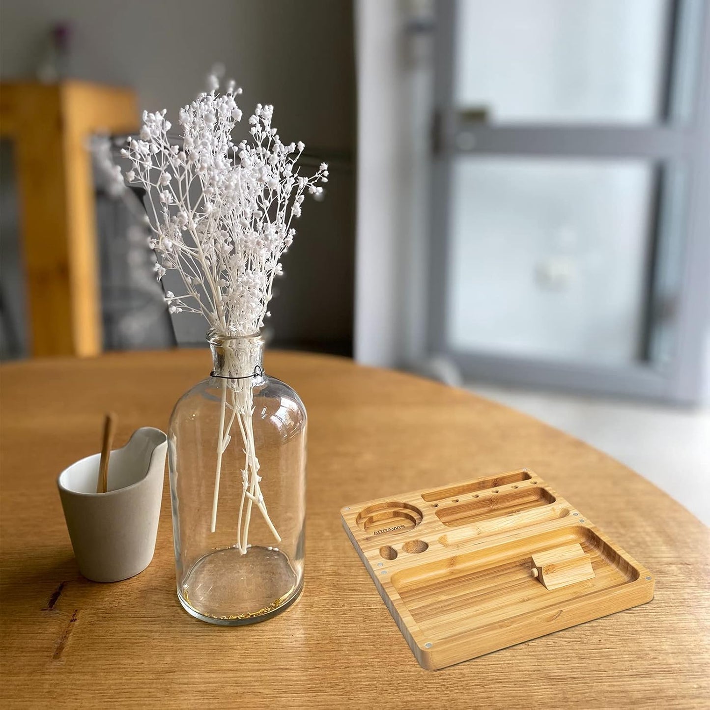 Combo Storage Box - Multipurpose Decorative Box with Removable Tray, Magnetic Lock, 2 Glass Jars - Bamboo Box (Natural Box) (Foldable Tray)