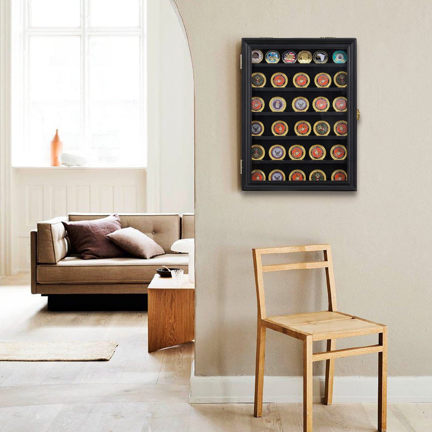 Military Challenge Coin Display Case Lockable Cabinet Rack Holder Shadow Box with Removable 2 Grooves Shelves and Anti Fade Acrylic Glass Door Challenge Coin Display Wall Mount