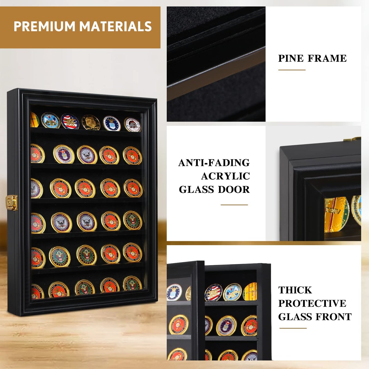 Military Challenge Coin Display Case Lockable Cabinet Rack Holder Shadow Box with Removable 2 Grooves Shelves and Anti Fade Acrylic Glass Door Challenge Coin Display Wall Mount