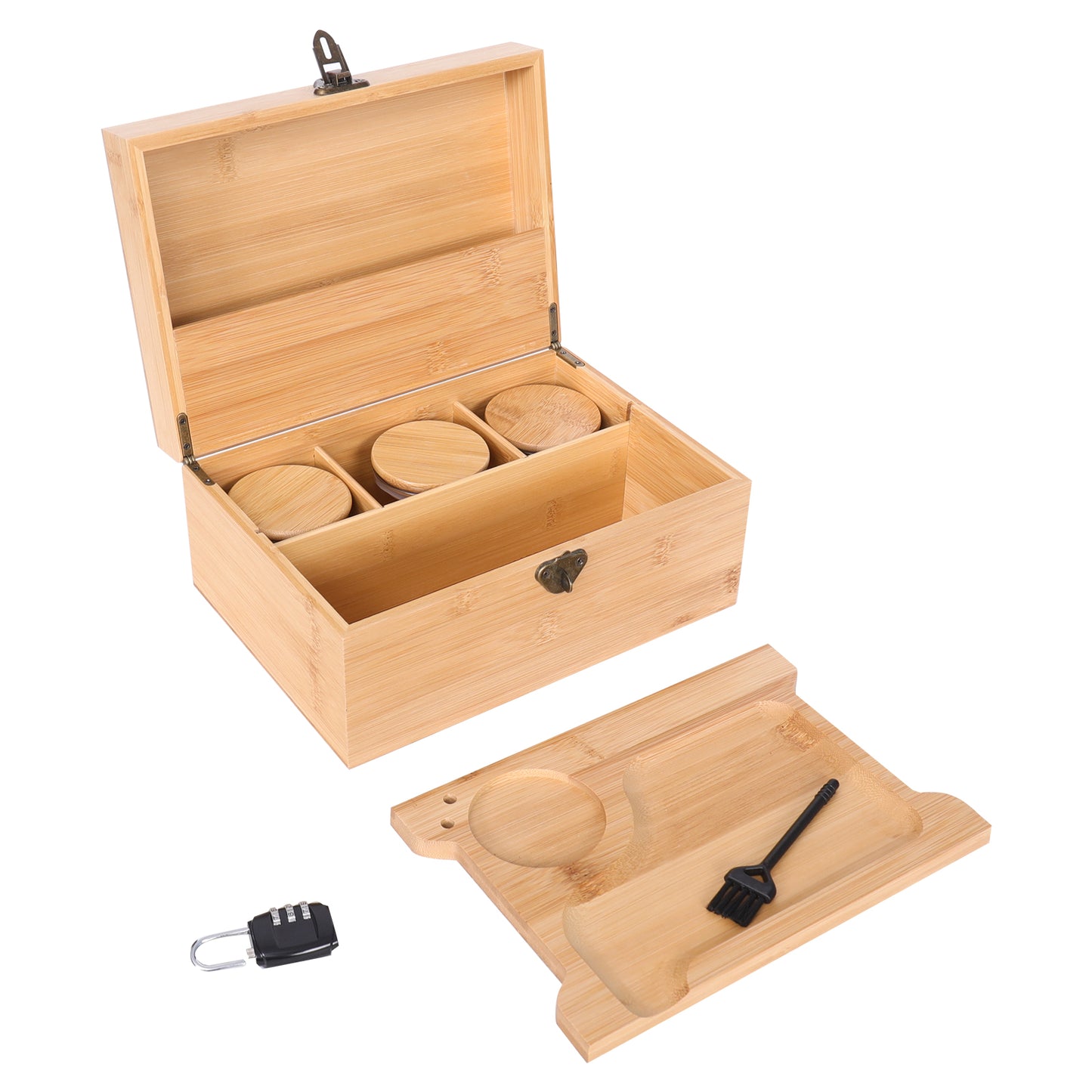 Wooden Lock box Bamboo Chest Kit Storage Box with Bamboo Tray Decorative Box with Combination Lock Box - Trendy & Large Bamboo Box with 3 Glass Jars and Detachabe Tray Wooden Box with Lock