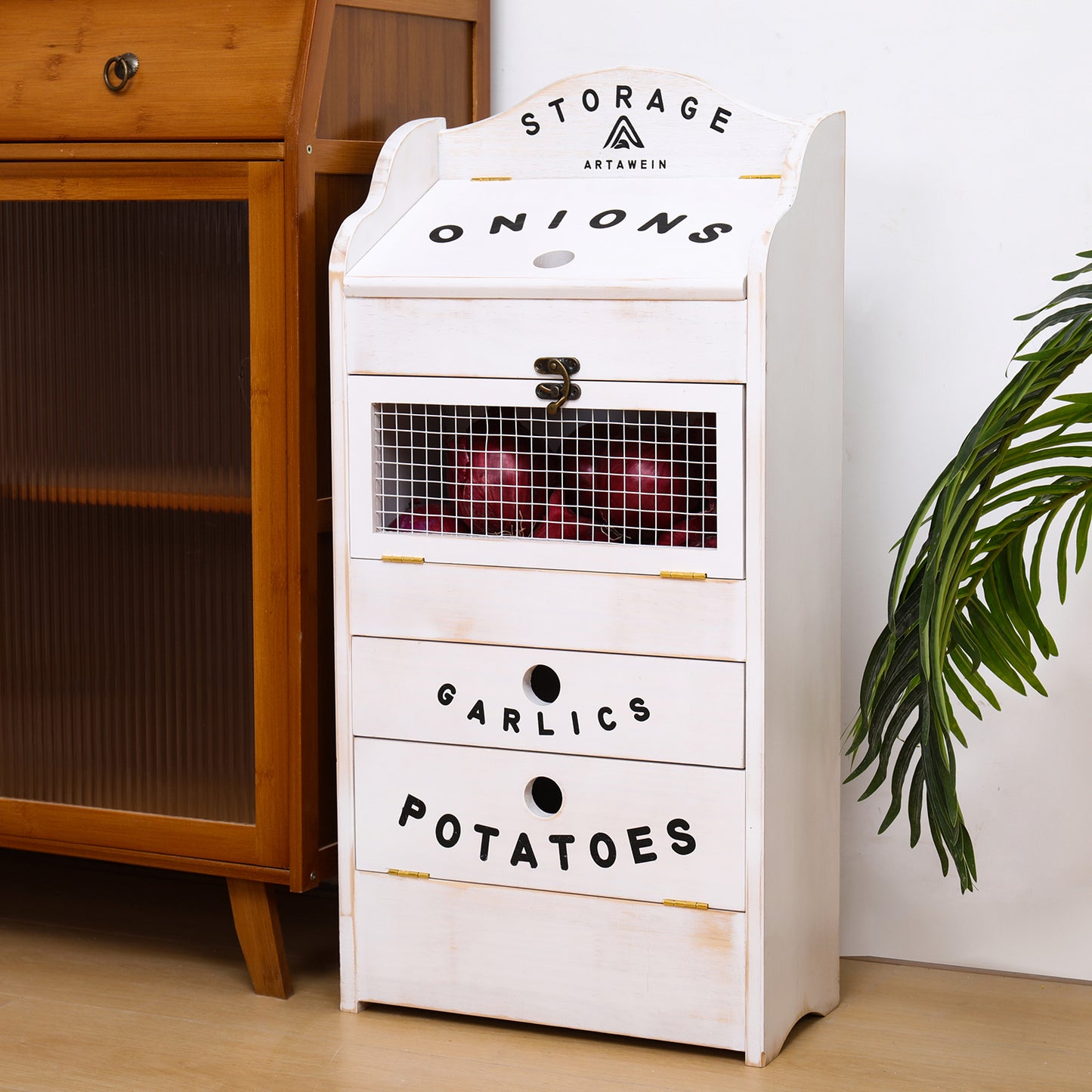 Pine Wood Veggie Bin for Potato, Onion and 1 Garlic Drawer Vegetable Box for Kitchen Storage, Solid Wood Vegetable Bin 13.77" L X 7.1" W X 29.3" H