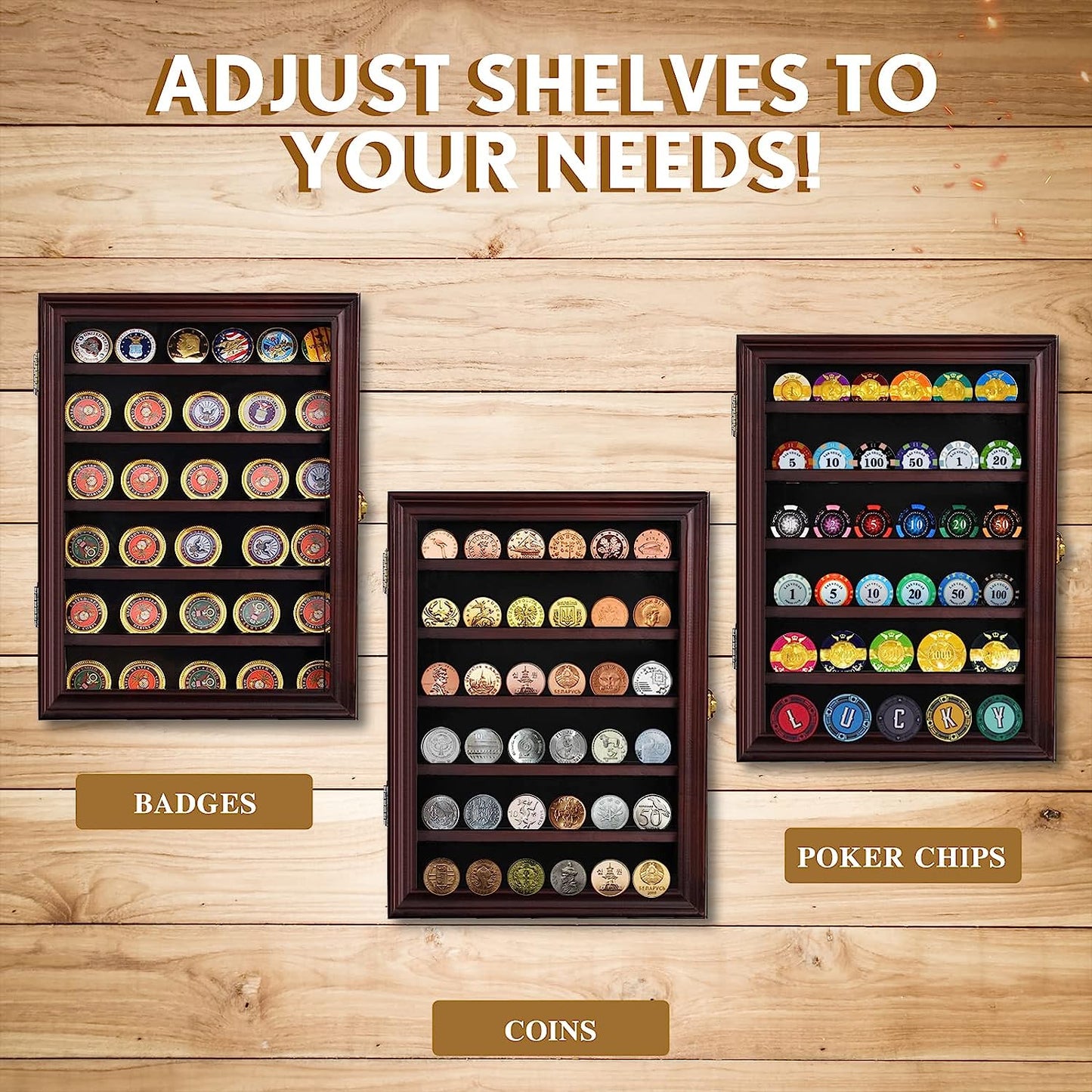 Military Challenge Coin Display Case Lockable Cabinet Rack Holder Shadow Box with Removable 2 Grooves Shelves and Anti Fade Acrylic Glass Door Challenge Coin Display Wall Mount