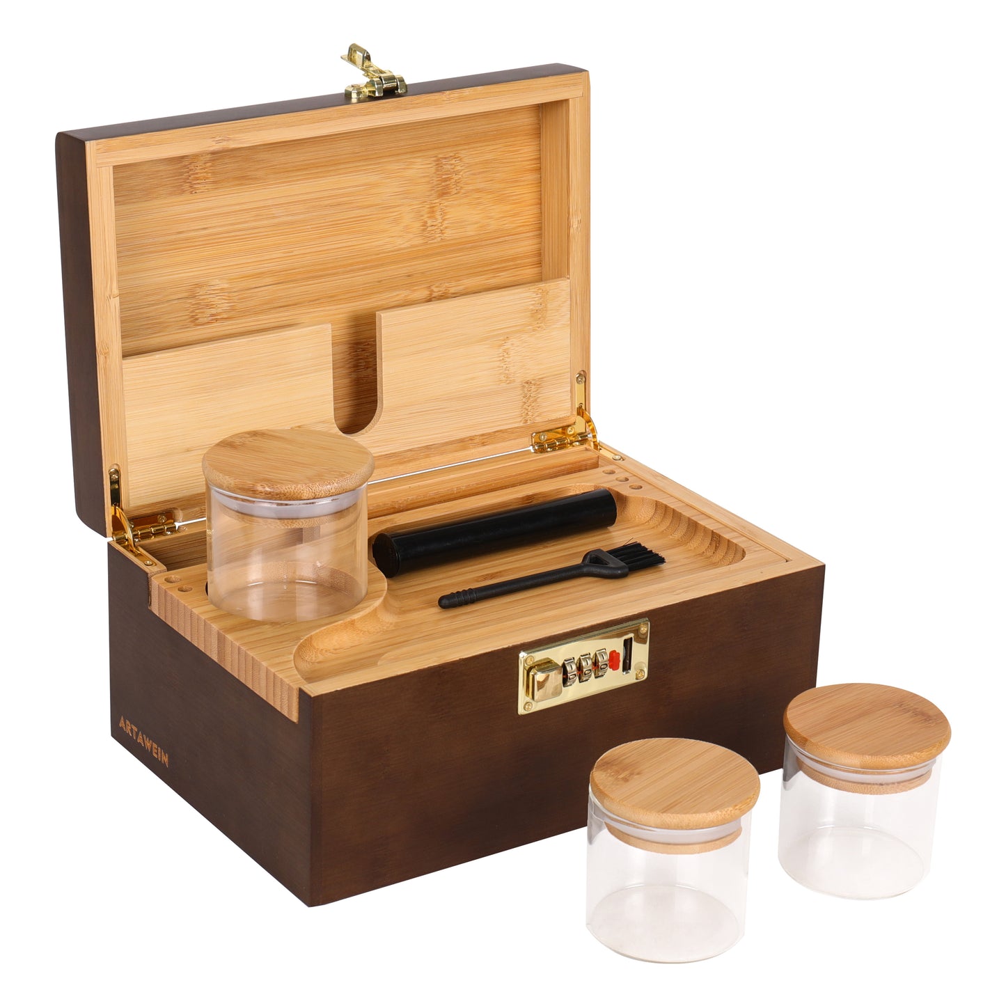 ARTAWEIN Combo Storage Box - Multipurpose Decorative Box with Removable Tray 3 Glass Jars - Wooden Lock box with Combination Lock - Wooden box with Lock