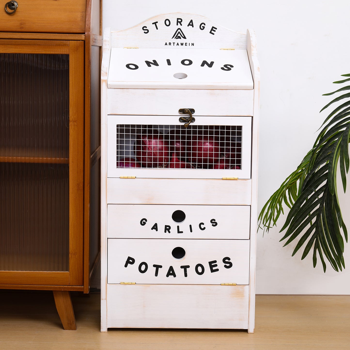 Pine Wood Veggie Bin for Potato, Onion and 1 Garlic Drawer Vegetable Box for Kitchen Storage, Solid Wood Vegetable Bin 13.77" L X 7.1" W X 29.3" H